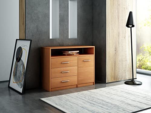 MATKAM Kommode Bodo 1D3SO, H75 x B98 x T35 cm, mit 3 Schubladen, einem Ablagefach und einem Türschrank, Griffe in Metall-Optik (Erle)