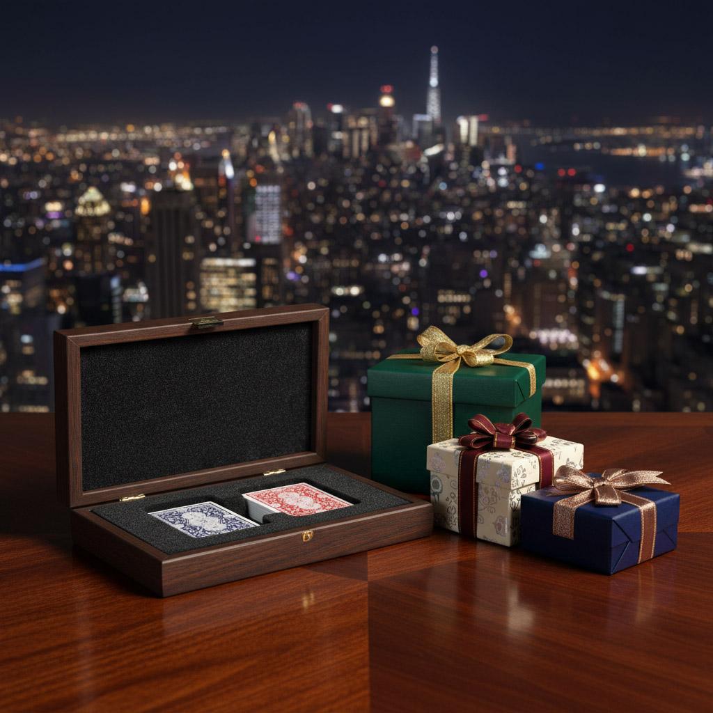 Manopoulos Premium Walnuss Kartenbox Set mit Samt-Innenausstattung & 2 Plastikdecks