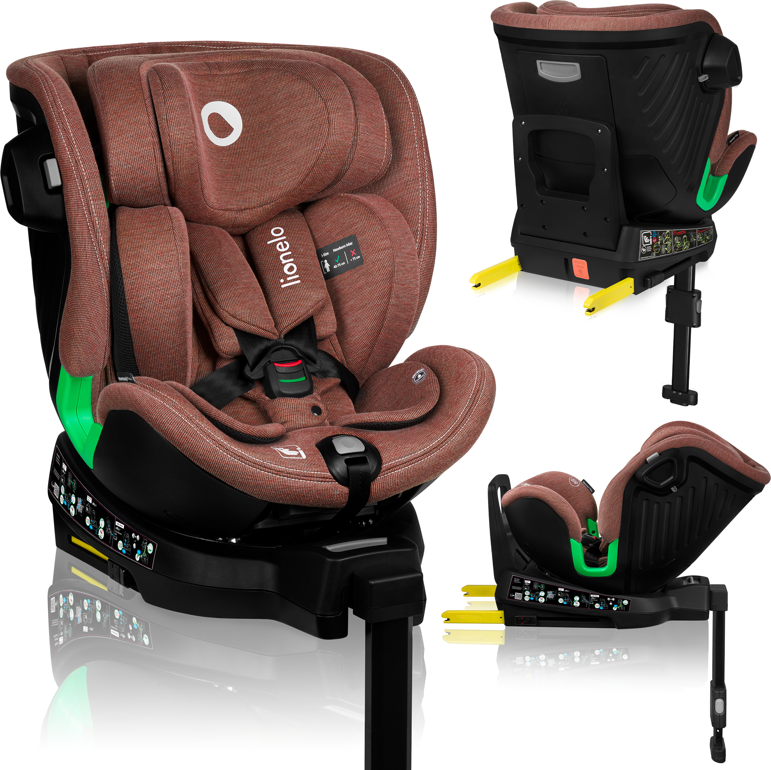 Detská autosedačka Lionelo Harmony i-Size, 360° základňa EasyTurn, ISOFIX a opora nohy, BuckleAlarm, ochrana proti bočnému nárazu, nastaviteľná opierka hlavy a chrbta - červená