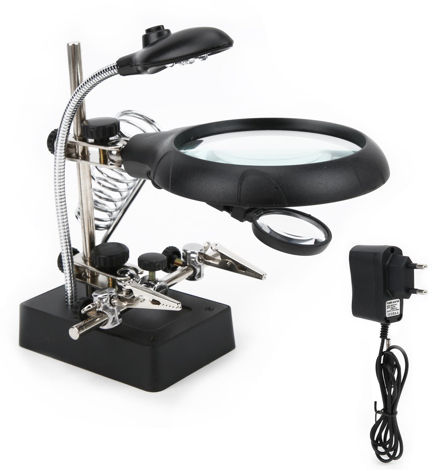Gistuch Desktop-Lupe, dreifache LED-Lampe, Beleuchtung, Zusatzhalterung, multifunktionales Lesewerkzeug, 100-240VEU-Stecker