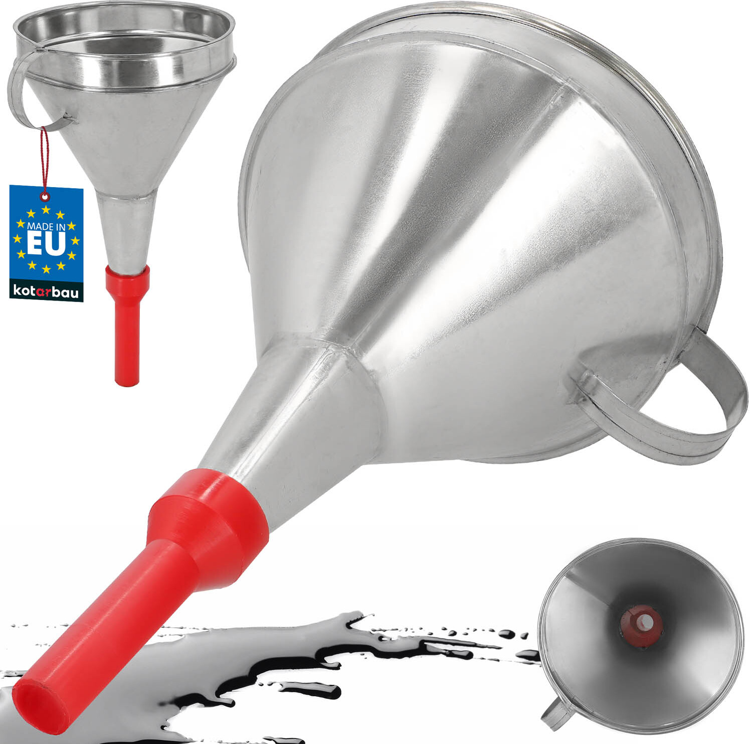 KOTARBAU® Benzin Trichter Auto Metalltrichter ⌀ 17 cm mit Griff Gerade Einfülltrichter aus verzinktem Stahl Benzin Trichter mit Sieb Benzintrichter Öltrichter Kfz Metalltrichter mit Kunststoffspitze