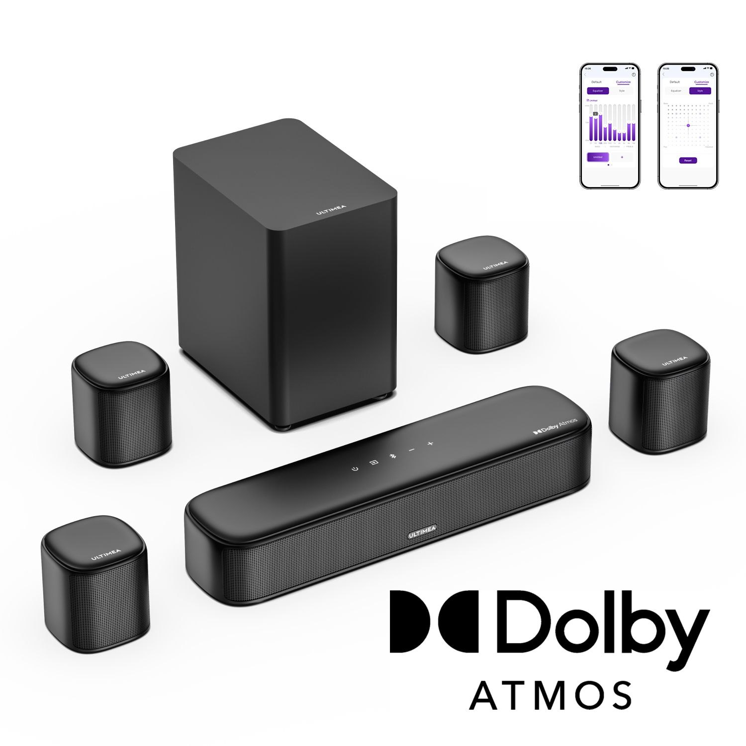 ULTIMEA 7.1ch Dolby Atmos Soundbar mit Subwoofer für TV, Surround Sound System für Heimkino, App Steuerung, 4 Surround Lautsprechern, verstellbarem EQ Aura A60