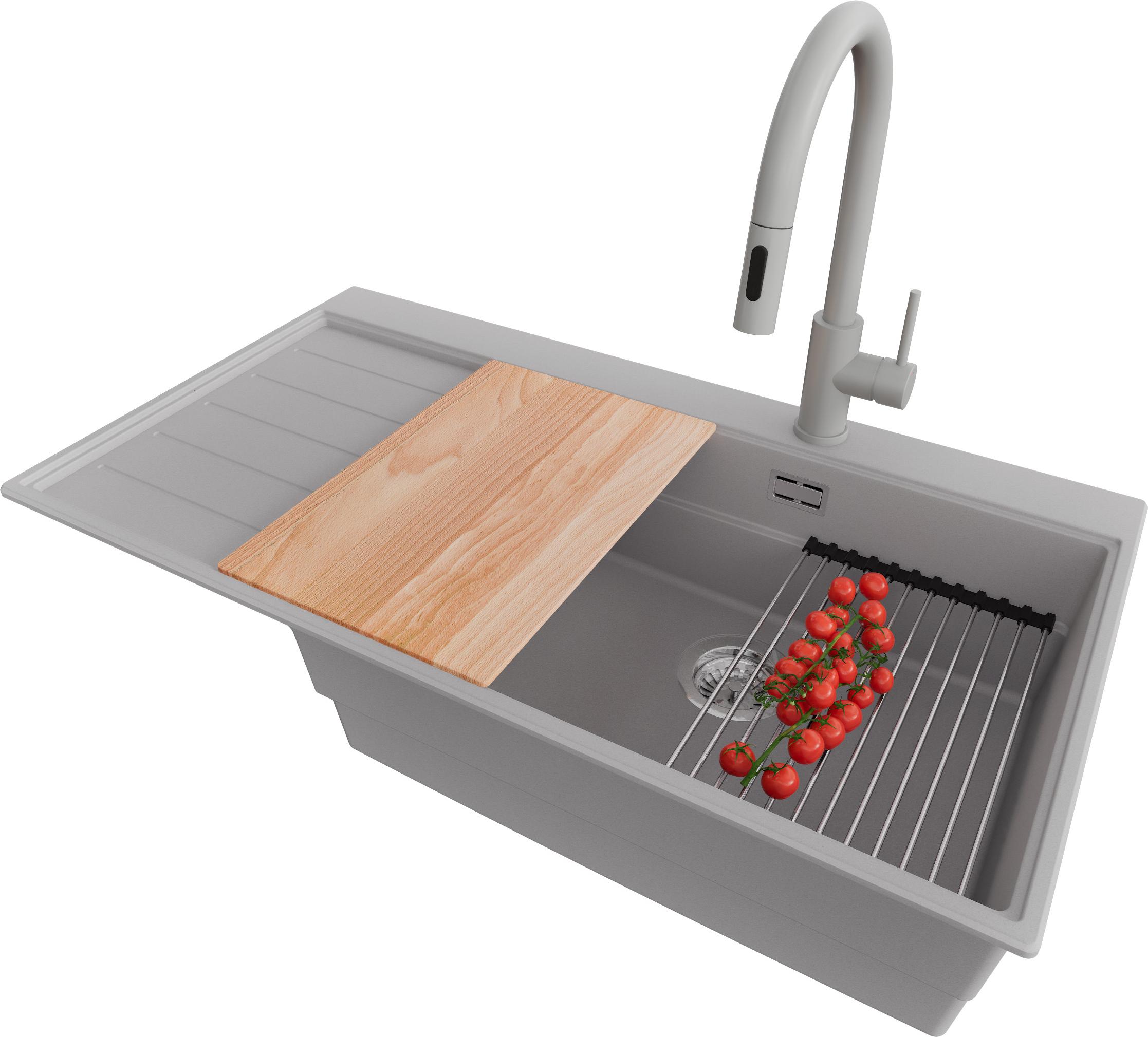 PRIMAGRAN Granitspüle Grau 90x50cm, Spülbecken 1 Becken + Küchenarmatur 40x20cm + Ablauf-Set + Küchenzubehörset, Küchenspüle ab 60er Unterschrank - Sydney
