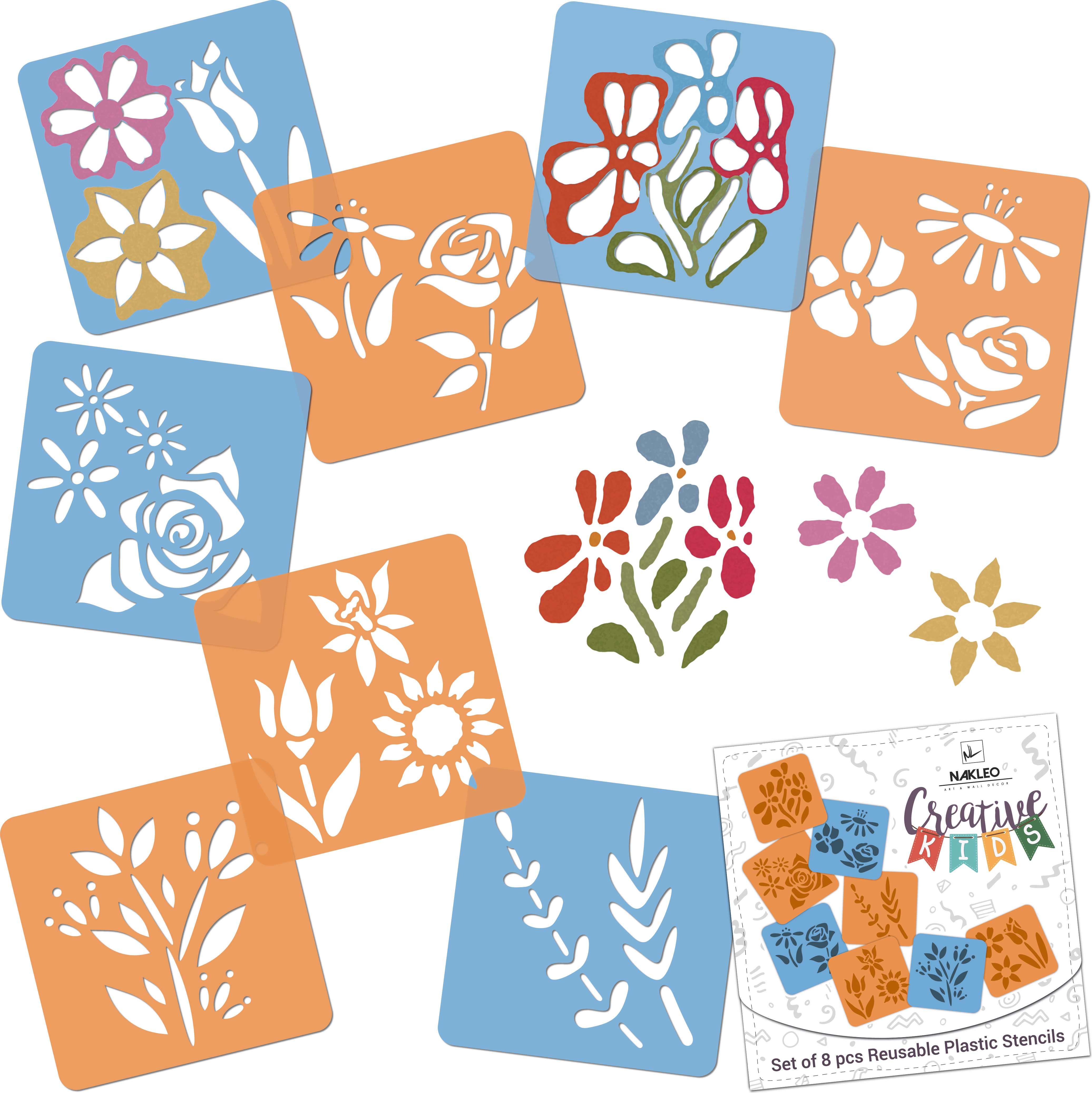 Nakleo Schablonen Malen für Kinder, 8 Stück Set 15x15 cm Blumen, Kinder Kreatives Zeichenschablonen, Kunststoff Wiederverwendbar Malschablone SZA-CRE-021