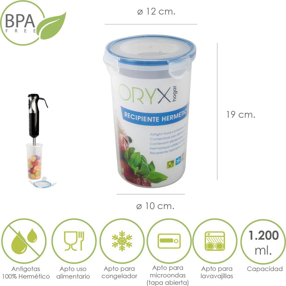 Hermetická okrúhla plastová nádoba s objemom 1 200 ml. Ø 12 x 19 (V) cm.