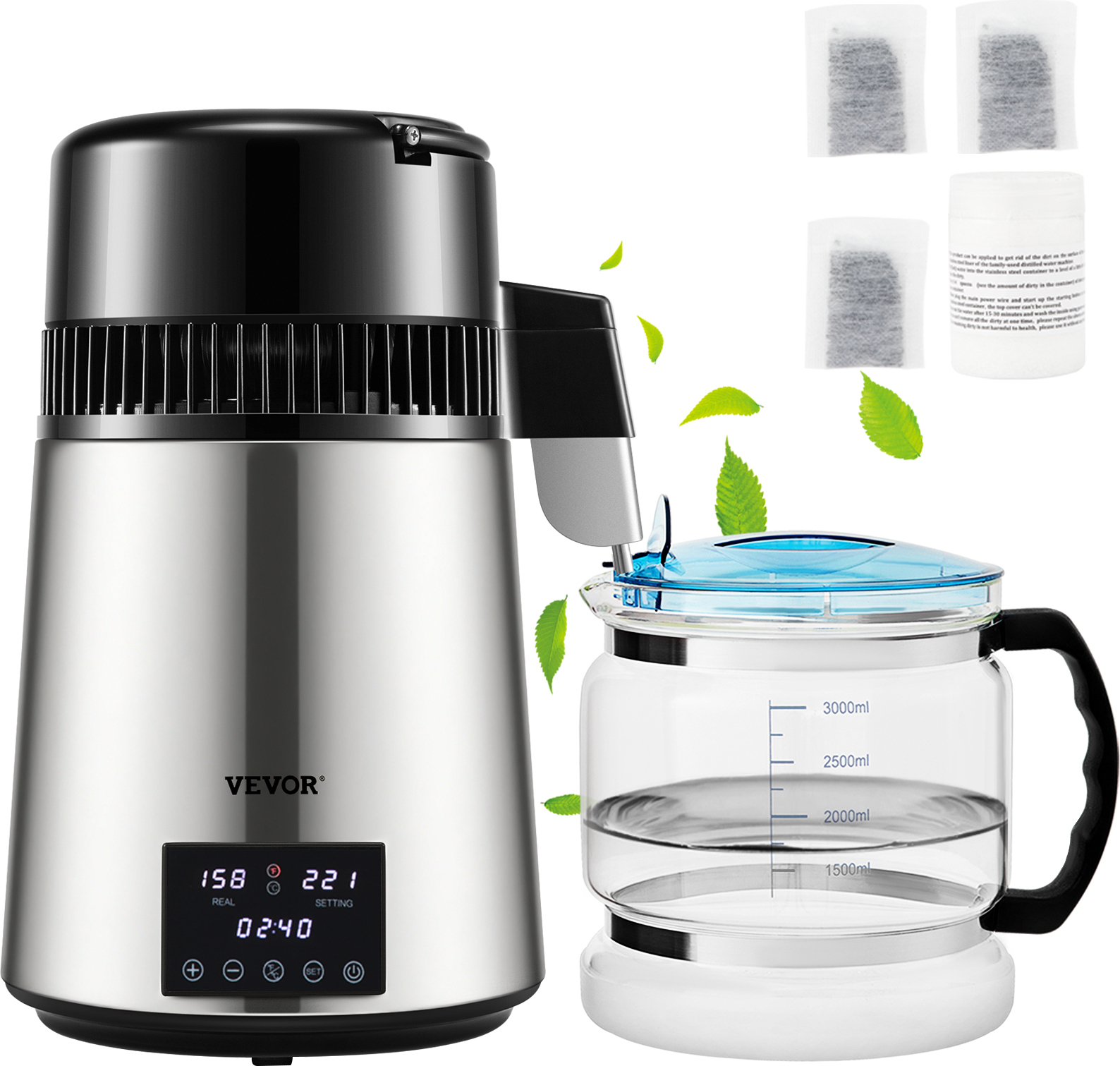 VEVOR Wasserdestilliergerät Edelstahl 1750W Reine Wasser Distiller mit Glaskanne 1,5 L/Std Destillationsapparatur Temperaturregelung 4 L YMK40230