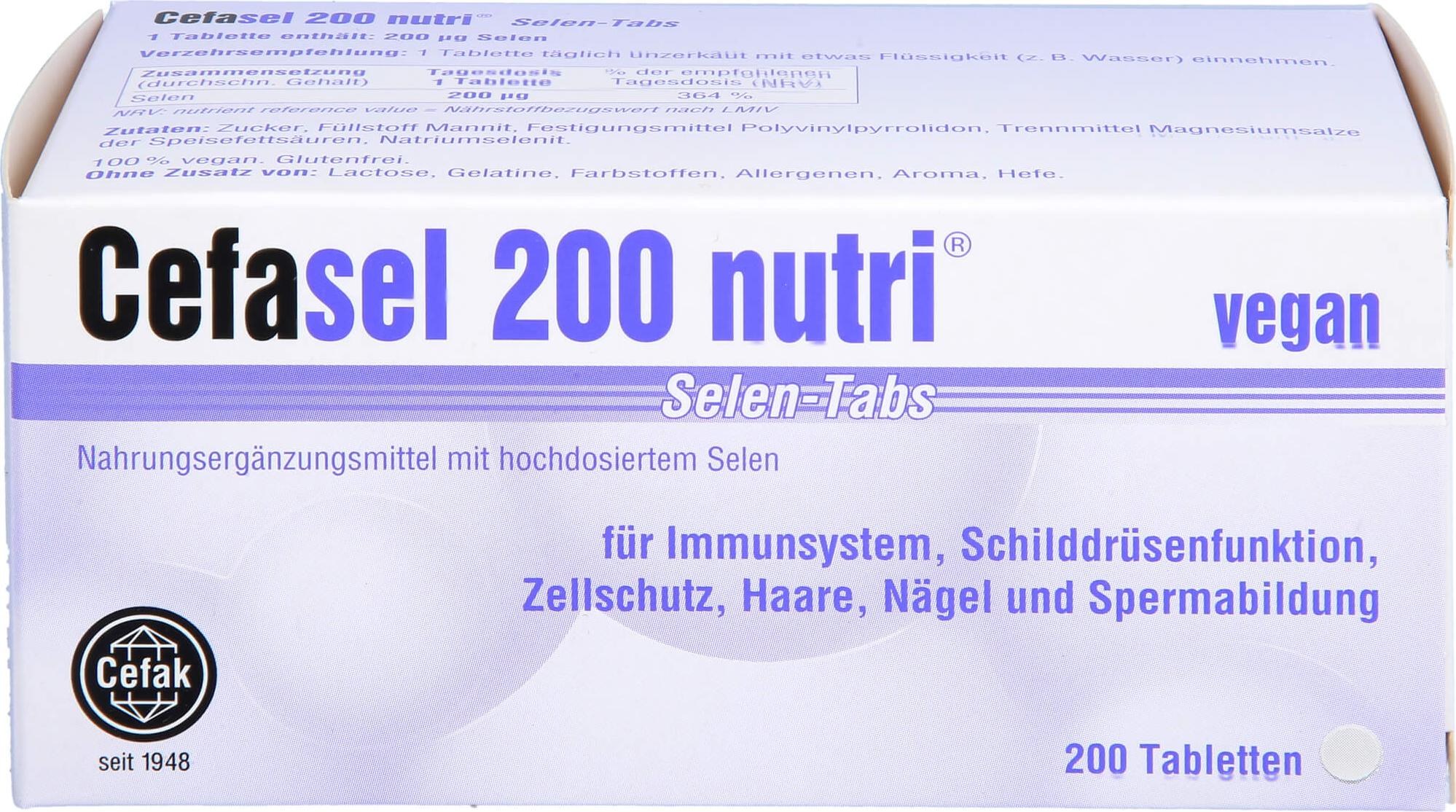 Cefak KG Cefasel 200 nutri Selen-Tabs Tabletten für Immunsystem, Schilddrüsenfunktion, Zellschutz, Haare, Nägel und Spermabildung, 200 St. Tabletten 00854038