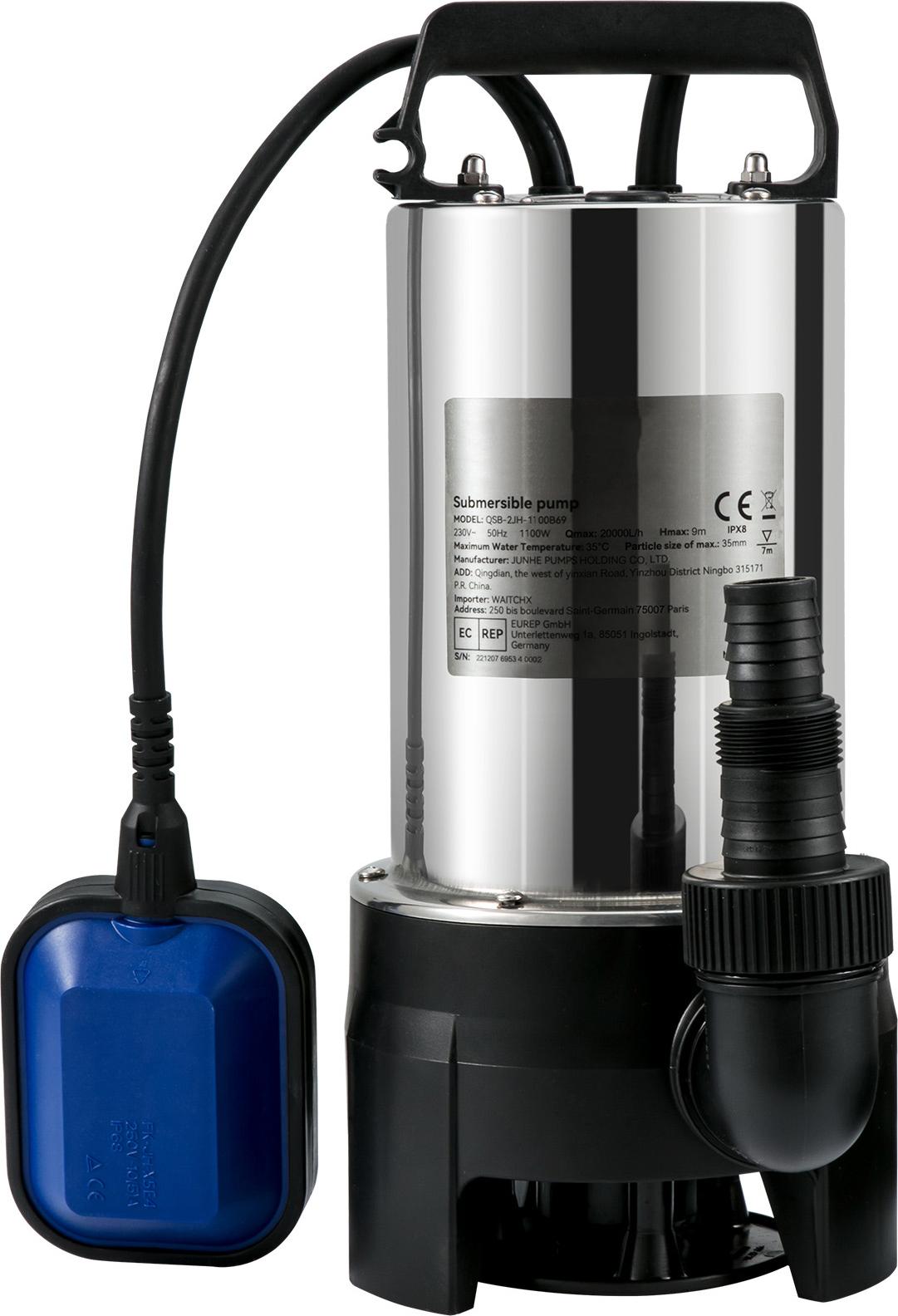 SucceBuy ponorné vodné čerpadlo, 1100 W, 20000 l/h, s 10 m káblom a automatickým plavákovým spínačom, prenosné z nehrdzavejúcej ocele na čistú/špinavú vodu, vypúšťanie záplav, záhradné jazierka