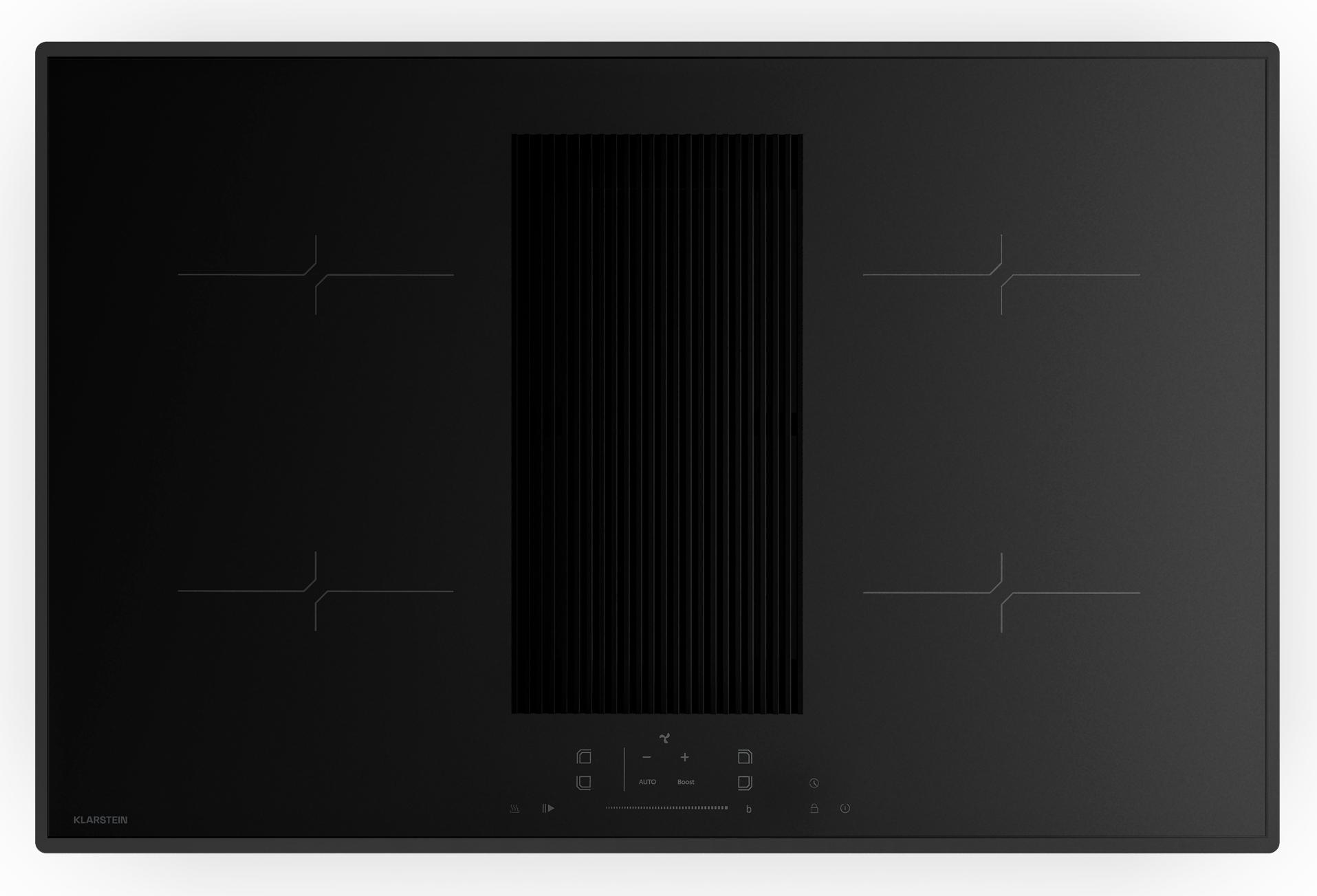 Klarstein Velaire indukčná varná doska s digestorom - 80 cm, 4 zóny, 8400 W Boost, dotykový posuvník, časovač, detská poistka, indikátor zvyškového tepla, integrovaný digestor, sklo, indukčná varná doska s digestorom