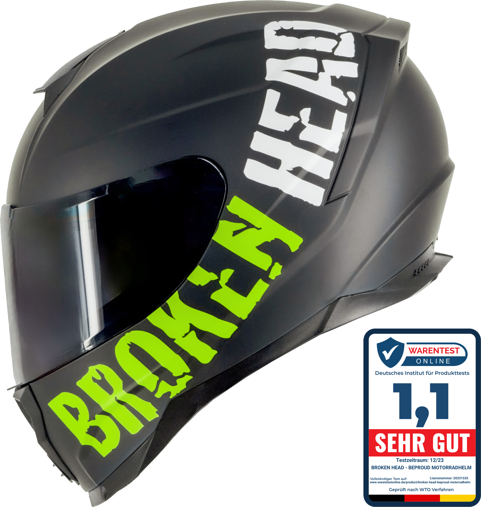 Broken Head BeProud Sport Grün Motorradhelm + Schwarzes Visier : XS (53-54 cm) Größe: XS (53-54 cm)