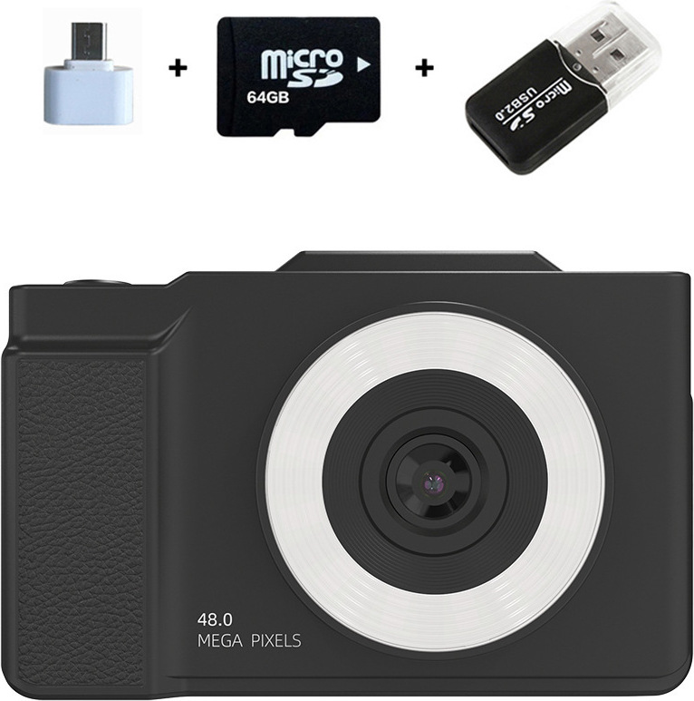 ZELURXX Tragbare Kamera, 1080P Spielzeugkamera, Flip-Screen, 3-Farben Fülllicht, CCD, Retro, 64GB SD-Karte, für Kinder, Schüler, Schwarz