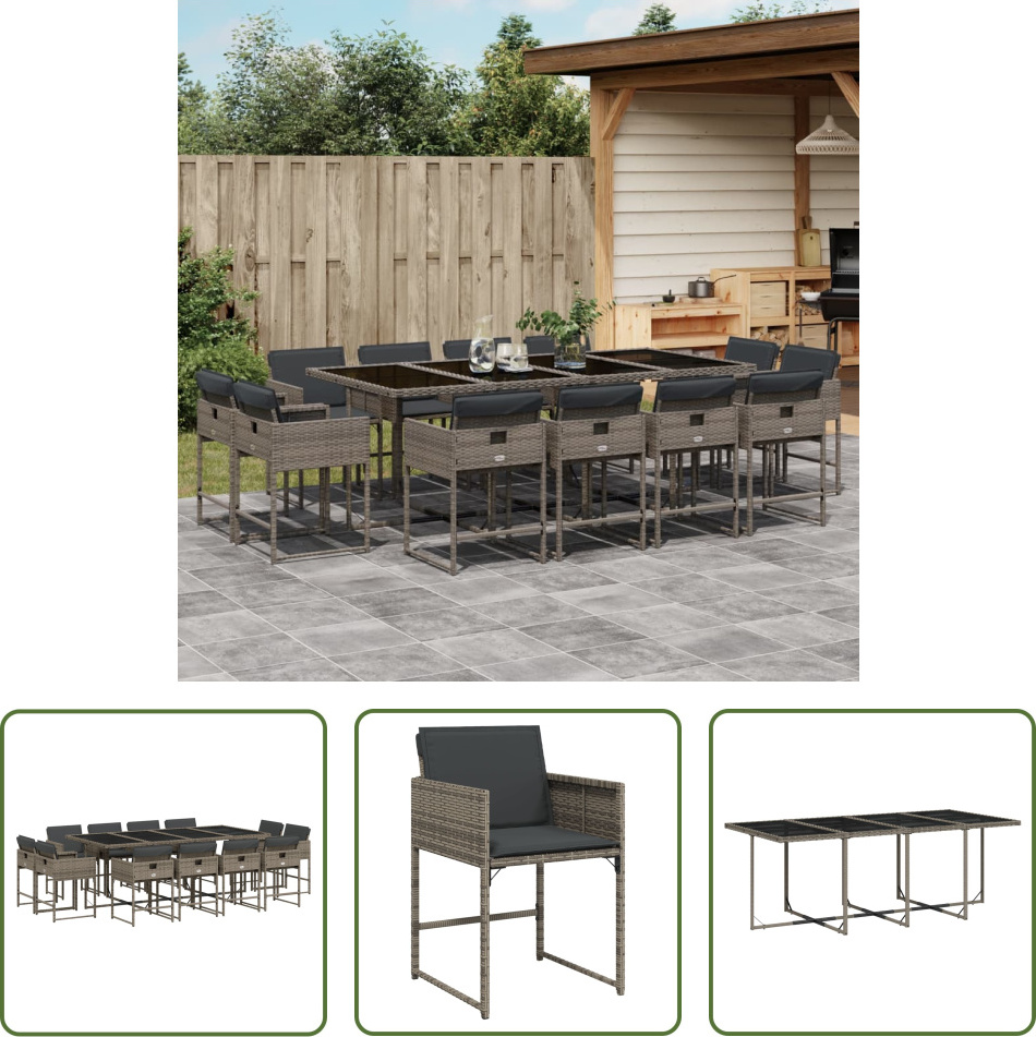 The Living Store 13-dielny záhradný jedálenský set s vankúšmi sivý polyratan