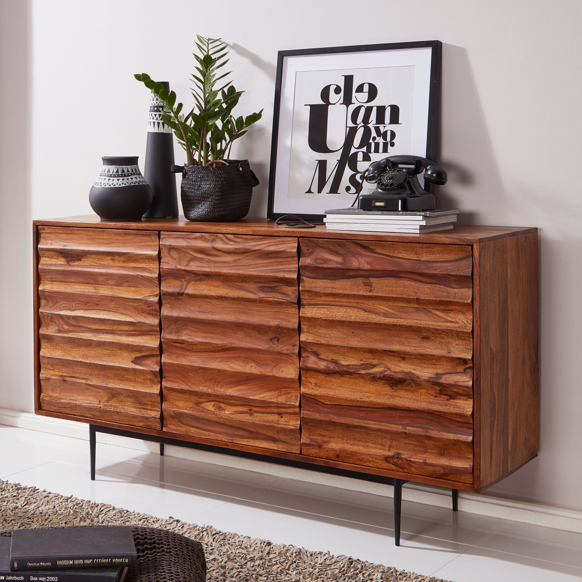 WOHNLING Sideboard WL5.635 Sheesham Massivholz 150x81x41 cm Landhaus Kommode Anrichte Groß Hoher Kommodenschrank mit 3 Türen Holz Massiv Standschrank