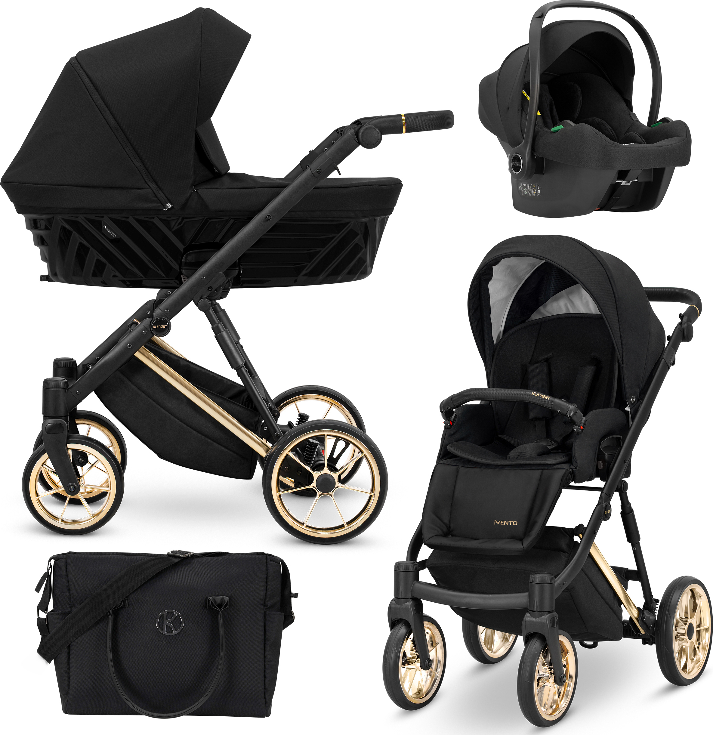 Kunert Kinderwagen IVENTO Sportwagen Babywagen Babyschale Komplettset Kinder Wagen Autositz Set 3 in 1 (Deep Black, Rahmenfarbe: Gold)
