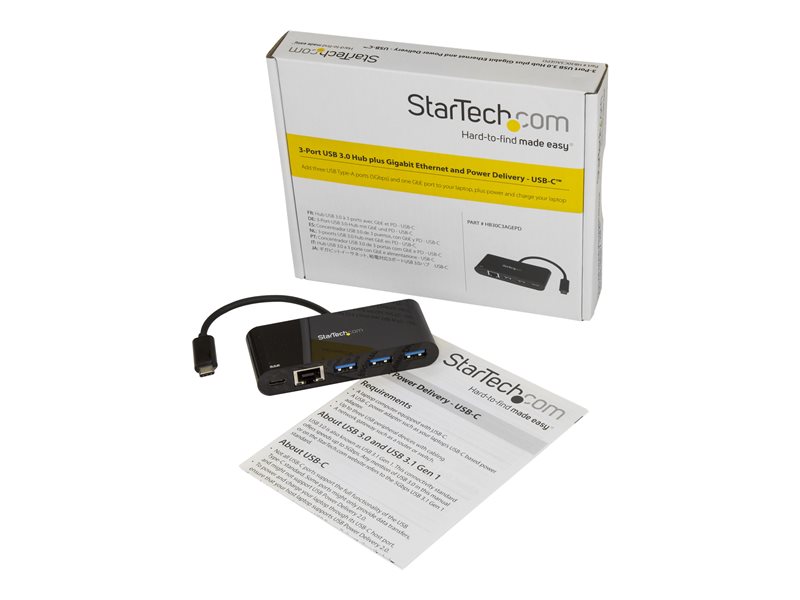 StarTech.com 3-portový rozbočovač USB-C s gigabitovým Ethernetom a 60 W napájacím zdrojom Passport