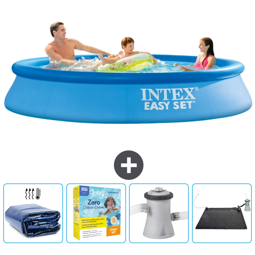 Okrúhly nafukovací bazén Intex Easy Set - 305 x 61 cm - modrý - obsahuje markízu - balík na údržbu - filtračné čerpadlo pre bazén - solárna podložka