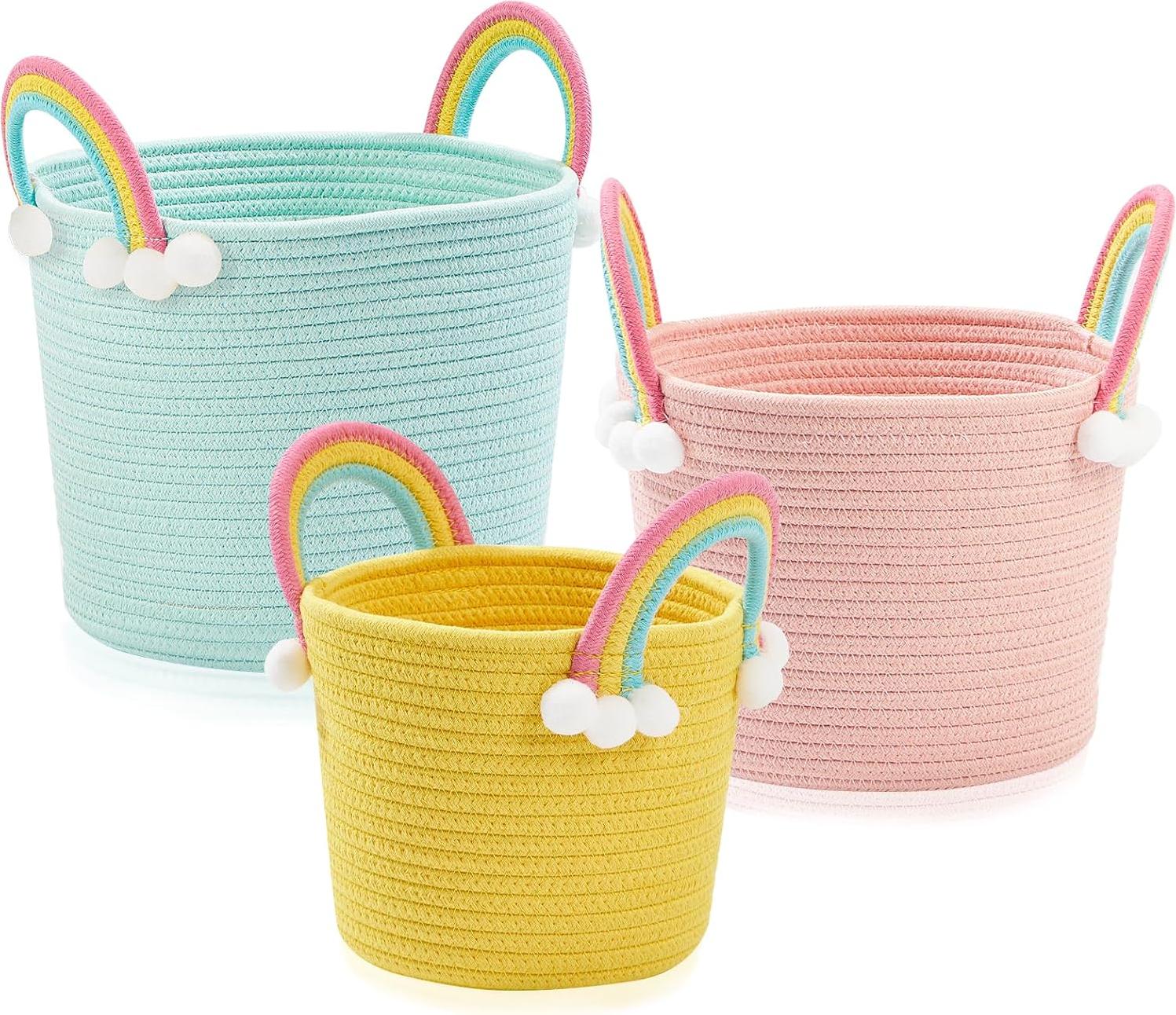 Markenlos Baby Windel Caddy 3er-Pack - Runde Bunte Regenbogenkörbe - Baby Wäschekorb - Gewebter Spielzeug Aufbewahrungskorb - Baumwollseil Korb Set mit Griff