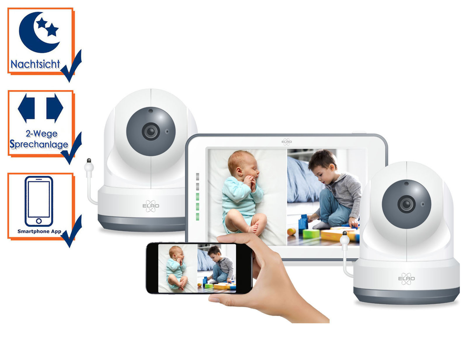 ELRO BC4000-2 Royale Babyphone mit 2 Full HD Kameras, 12,7 cm Touchscreen und Gegensprechfunktion