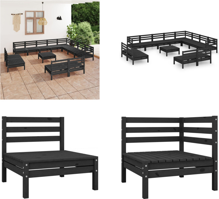 vidaXL 13-dielna záhradná obývacia súprava z masívneho dreva borovice čierna - záhradná obývacia súprava - vonkajšia obývacia súprava - drevená pohovka - drevená záhradná pohovka