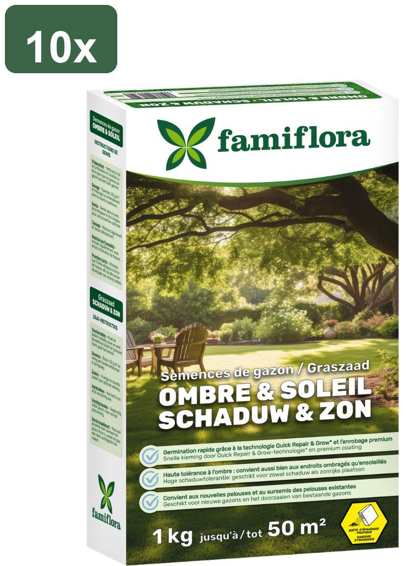Famiflora Grassamen 10kg bis zu 500m² (10 x 1KG) - Schatten & Sonne - ideal für einen Schattenrasen - Gut für einen Rasen bis zu 50m² - Hohe Schattentoleranz - Für einen vollen & gleichmäßigen Rasen