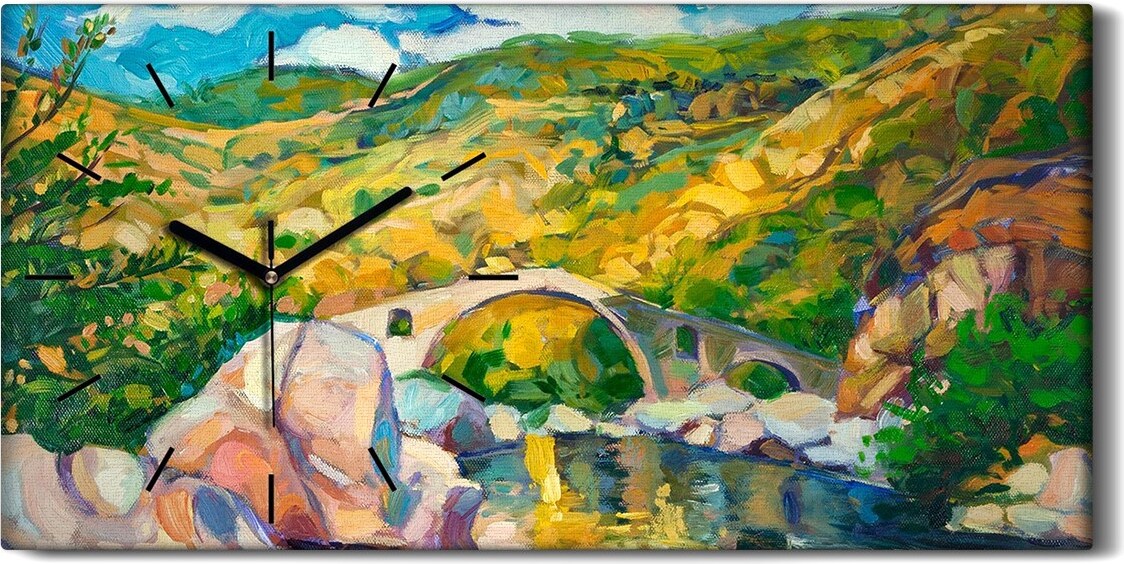 coloray Leinwand Uhr Küche Wohnzimmer Bild 60x30 Kunst Flusslauf Brücke in den Bergen - schwarze Hände zch-60x30-43858880-c