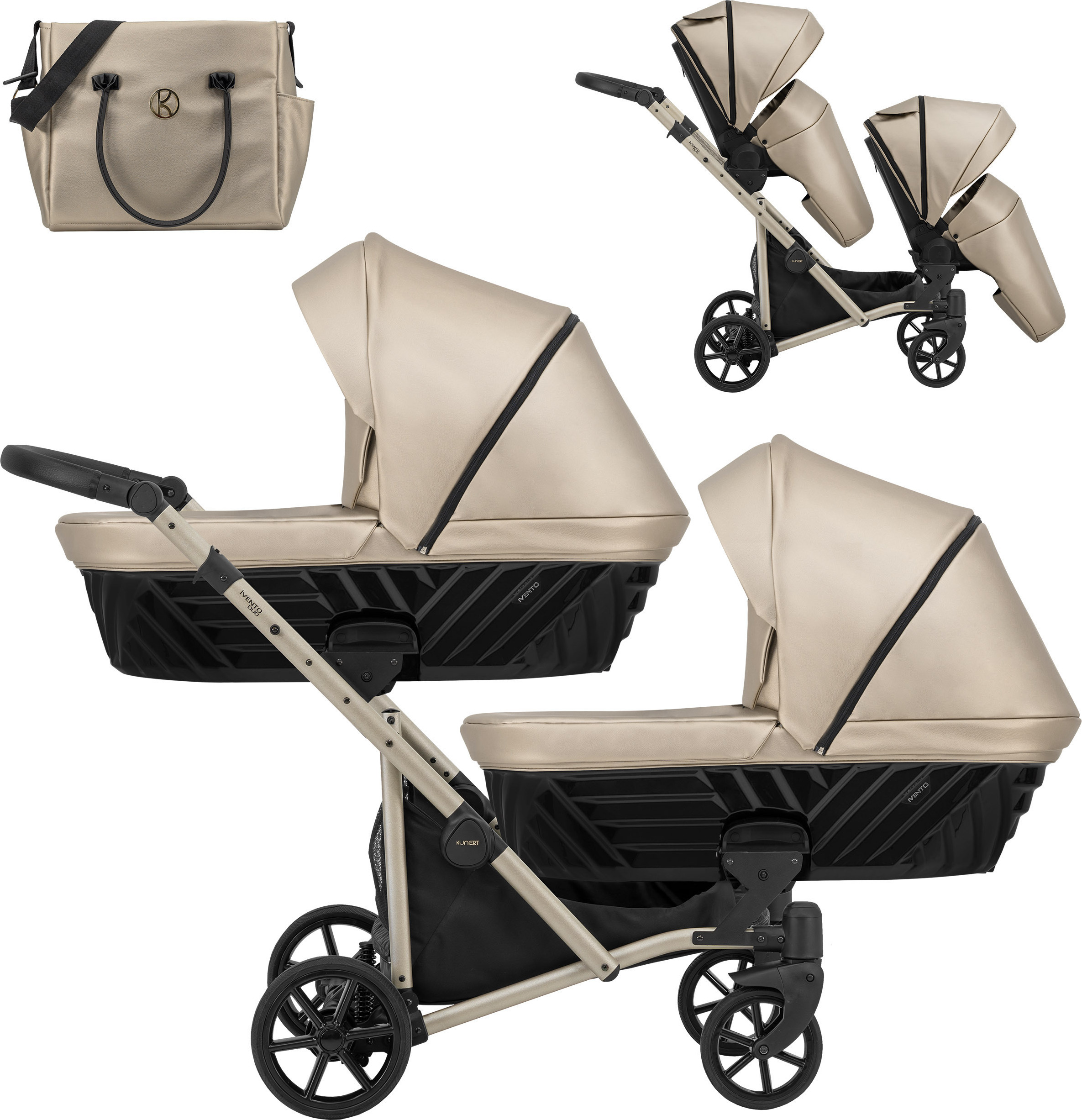 Kinderwagen IVENTO DUO 2 in 1 Komplettset Zwillingskinderwagen Geschwisterwagen Zwillingsbuggy Doppelkinderwagen (Cappuccino, Rahmenfarbe: champagne)