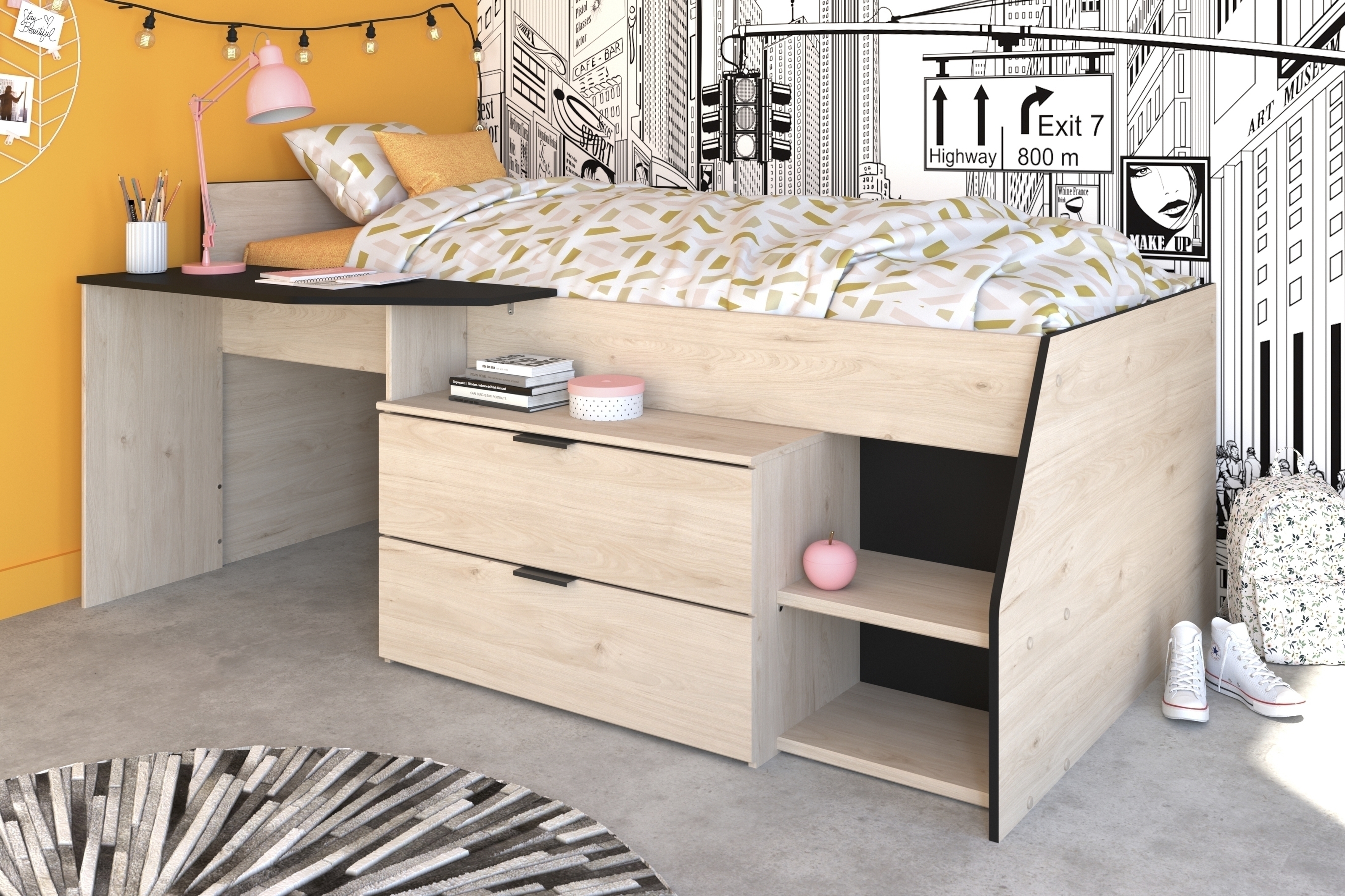 Hochbett >Milky 2< in Schwarz/Eiche - 203x135x90cm (LxBxH)
