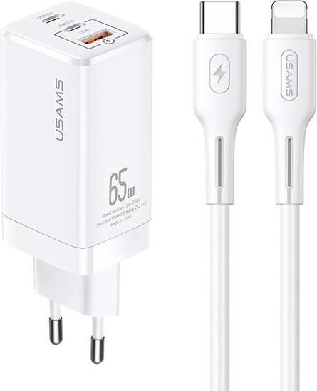 Usams Ład. Siec. Mt 2Xusb-C+Usb Gan 65Wt33 Pd + kábel Usb-C-Lightning 30W rýchle nabíjanie biela/biela Mtxlogtl02