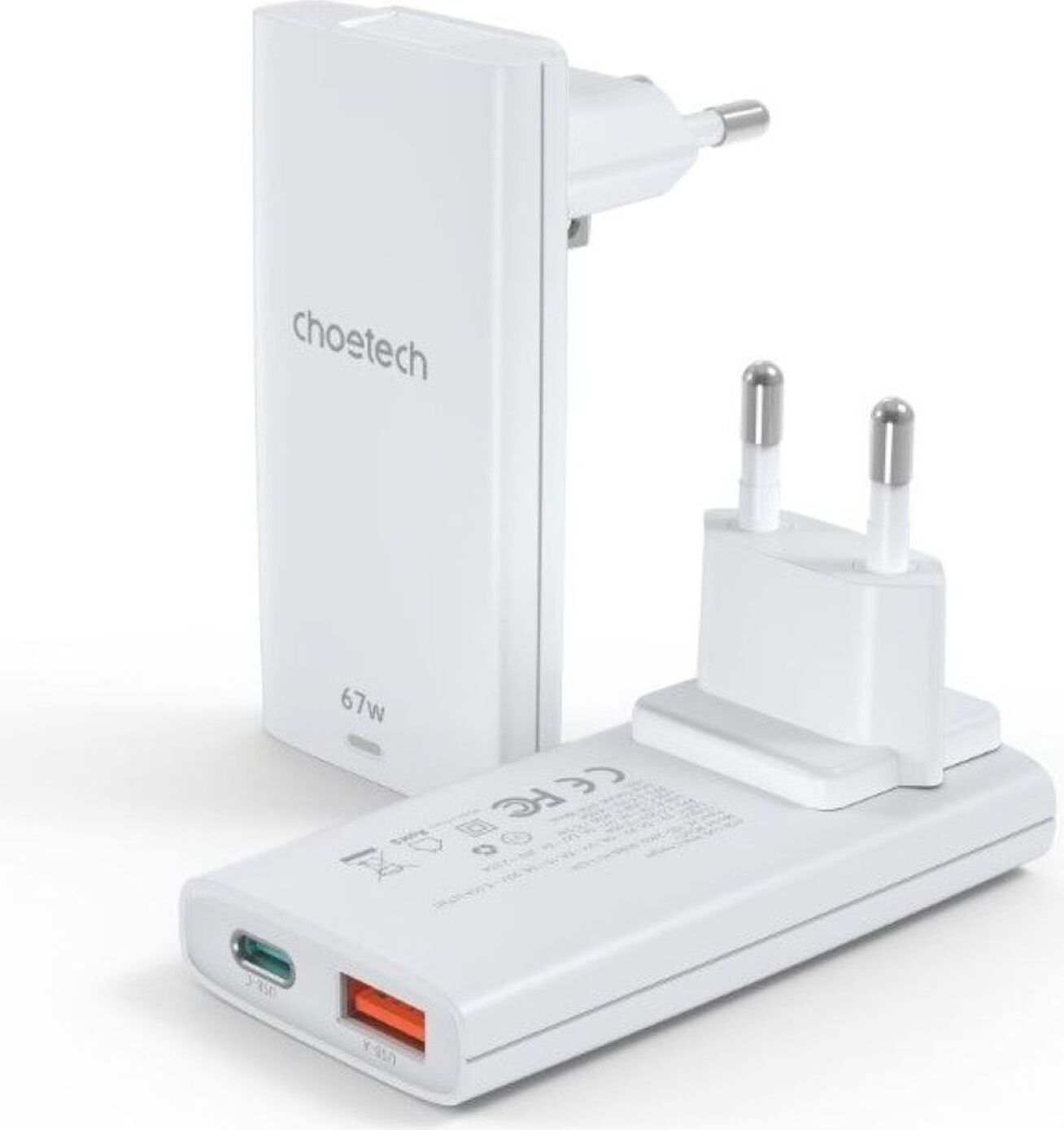 Choetech rýchlonabíjačka s adaptérom do krajiny, rýchlonabíjačka (67 W) , USB-C + USB-A výstup 45 W + 10,5 W biela