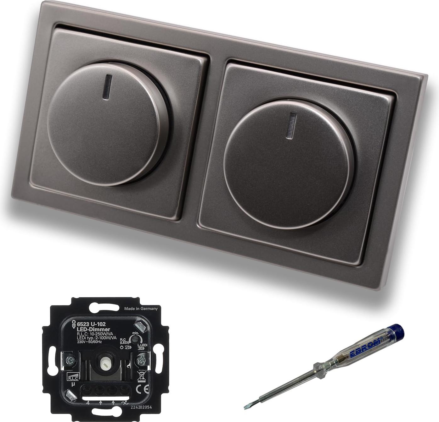 Busch Jäger 6523U-102 (2 Stück) LED Drehdimmer Dimmer + Dimmerscheiben 6540-866-102 in PUR Edelstahl im 2-fach Rahmen inkl. EBROM Phasenprüfer zur Montage der Geräte 6523 U - 102