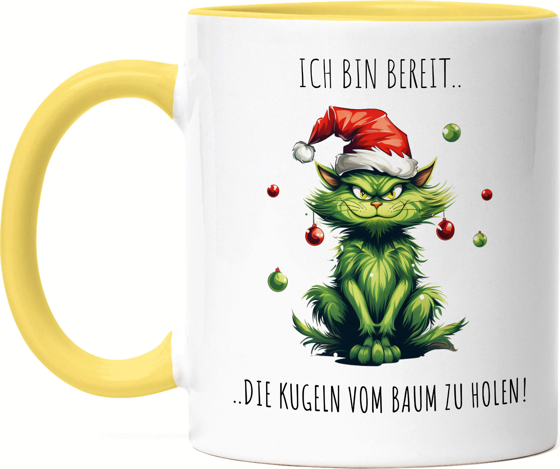 Hey!Print Bin Bereit Die Kugeln Vom Baum Zu Holen Tasse Gelb Katze Katzenbesitzer Dezember Adventszeit HP-2371-T-Gelb