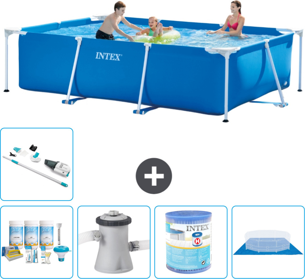 Bazén Intex s obdĺžnikovým rámom - 300 x 200 x 75 cm - modrý - súčasť dodávky Balenie na údržbu - Filtračné čerpadlo pre bazén - Filter - Podlahová plachta - Vysávač