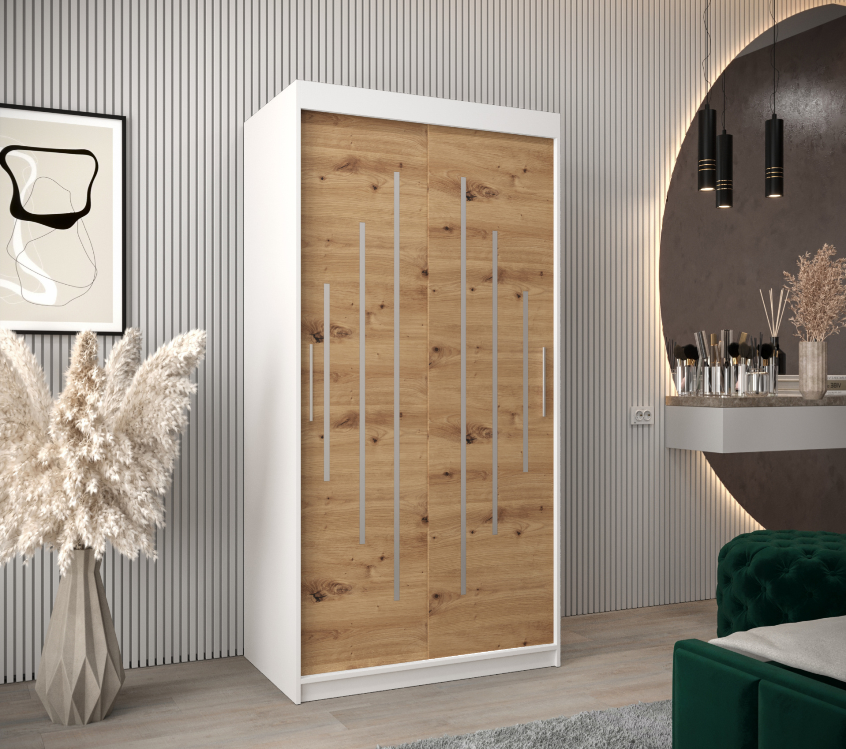 VENETI Kleiderschrank MIA – Breite 100 cm, weiß/Eiche handwerklich verarbeitet 064-08-02493