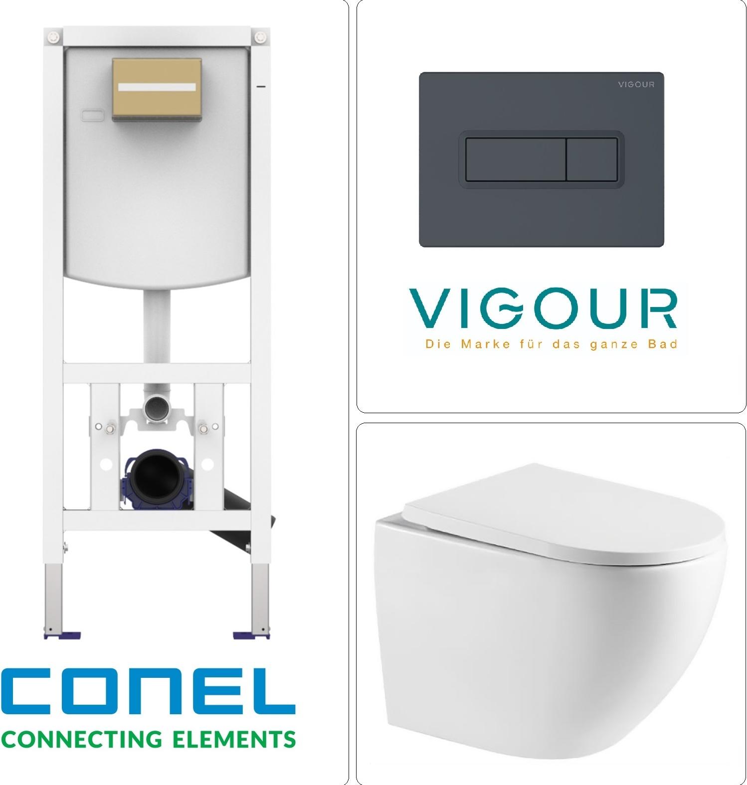 Wand-WC mit Tornado-Spülung, SoftClose WC-Sitz und CONEL WC Vorwandelement mit VIGOUR TEES Betätigungsplatte, anthrazit matt