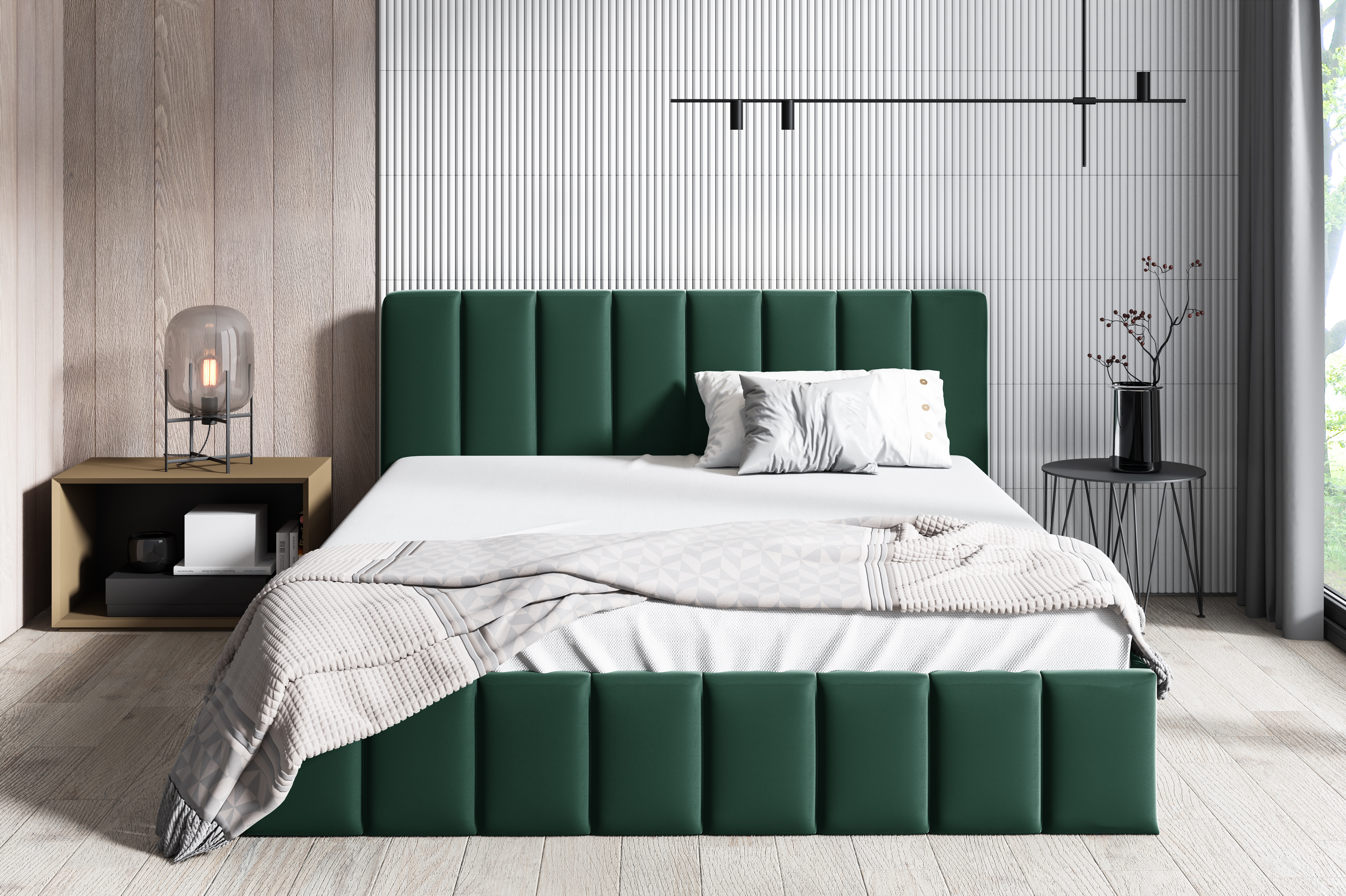 GUTTO čalúnená posteľ 200 x 200 cm zelená čalúnená posteľ z velúru s posteľným boxom a kovovým lamelovým roštom