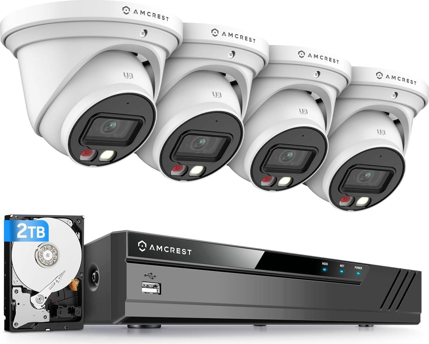 Kamerový systém Amcrest 4K, 4K 8CH PoE NVR, (4) x nočná farebná veža POE IP kamery 4K, aktívne odstrašovanie, predinštalovaný 2TB pevný disk, NV4108E-2779EW4-2TB (biela)