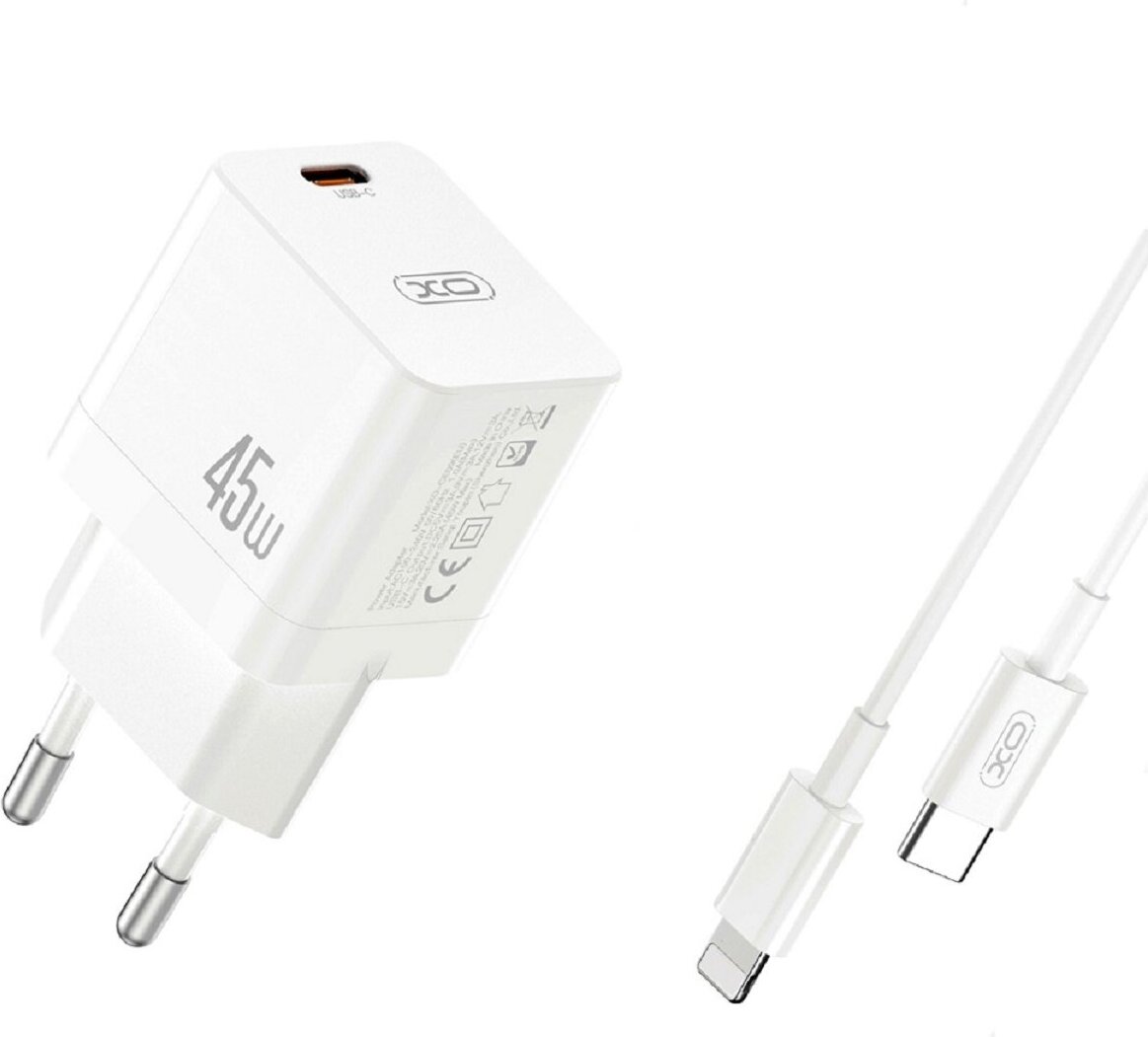 XO CE09 Nástenná nabíjačka pre mobilné telefóny PD 45W 1x USB-C White + prepojovací kábel USB-C - iPhone White