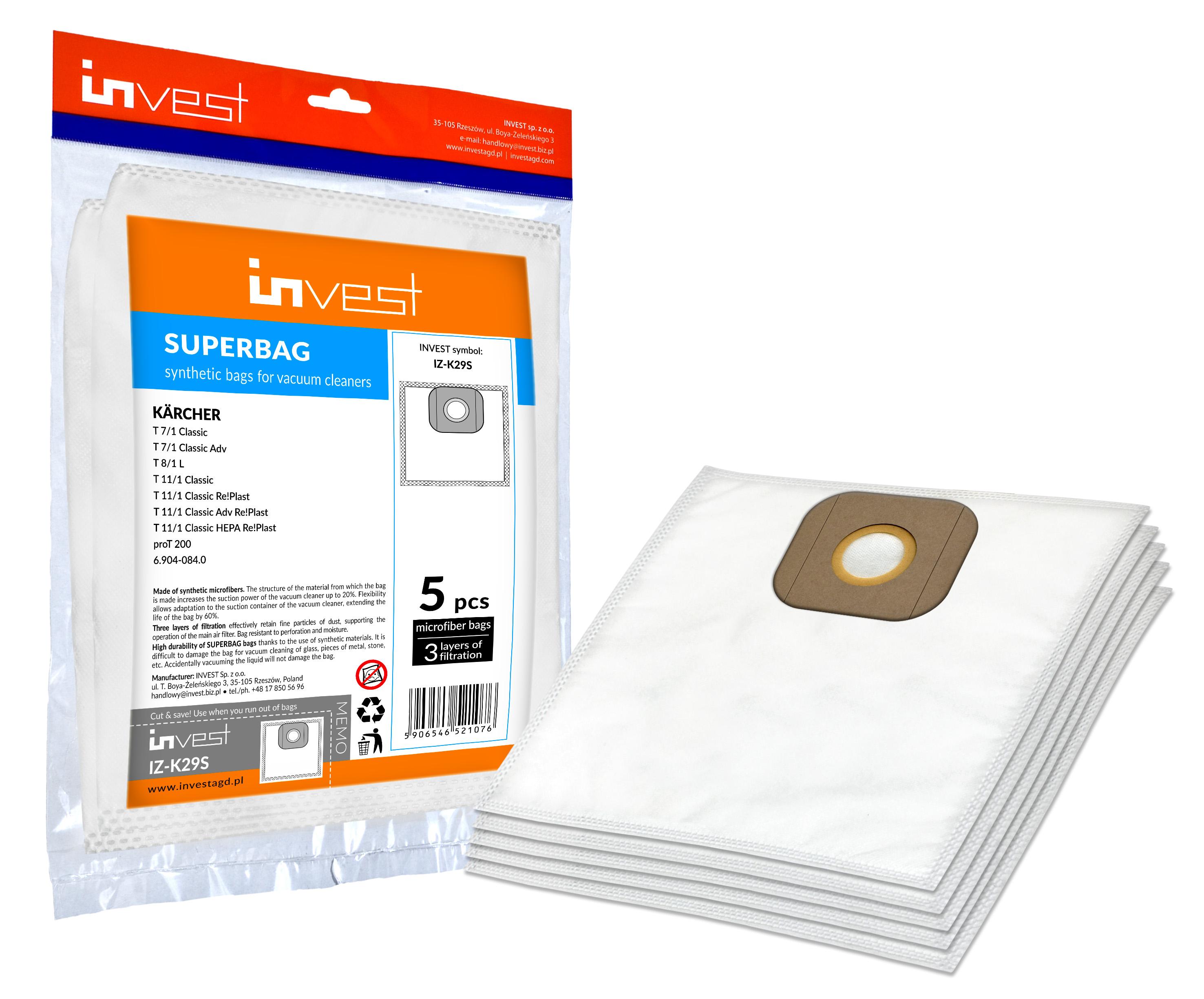 Invest-de Staubsaugerbeutel für Kärcher: T 7/1 Classic, T 8/1 L, T 11/1, T11/1 Classic Adv Re!Plast, ProT 200 - Ersatz, Alternativ zu 6.904-084.0, 5 Stück IZ-K29S