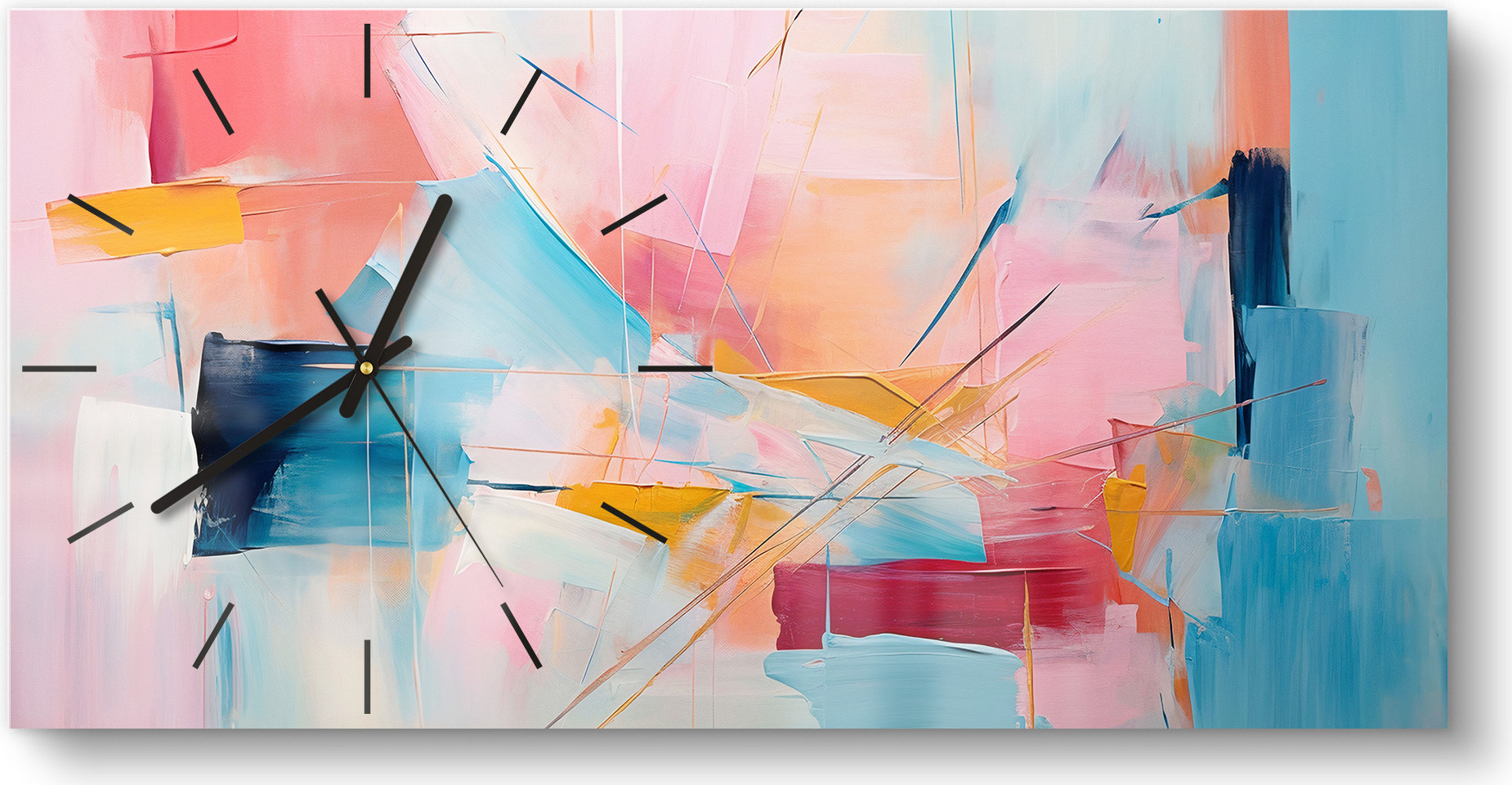 DEQORI Glasuhr 60x30 cm Modern 'Choreografie der Farben' Wanduhr Glas Uhr Design leise Küchenuhr WC-60-30-M-3726