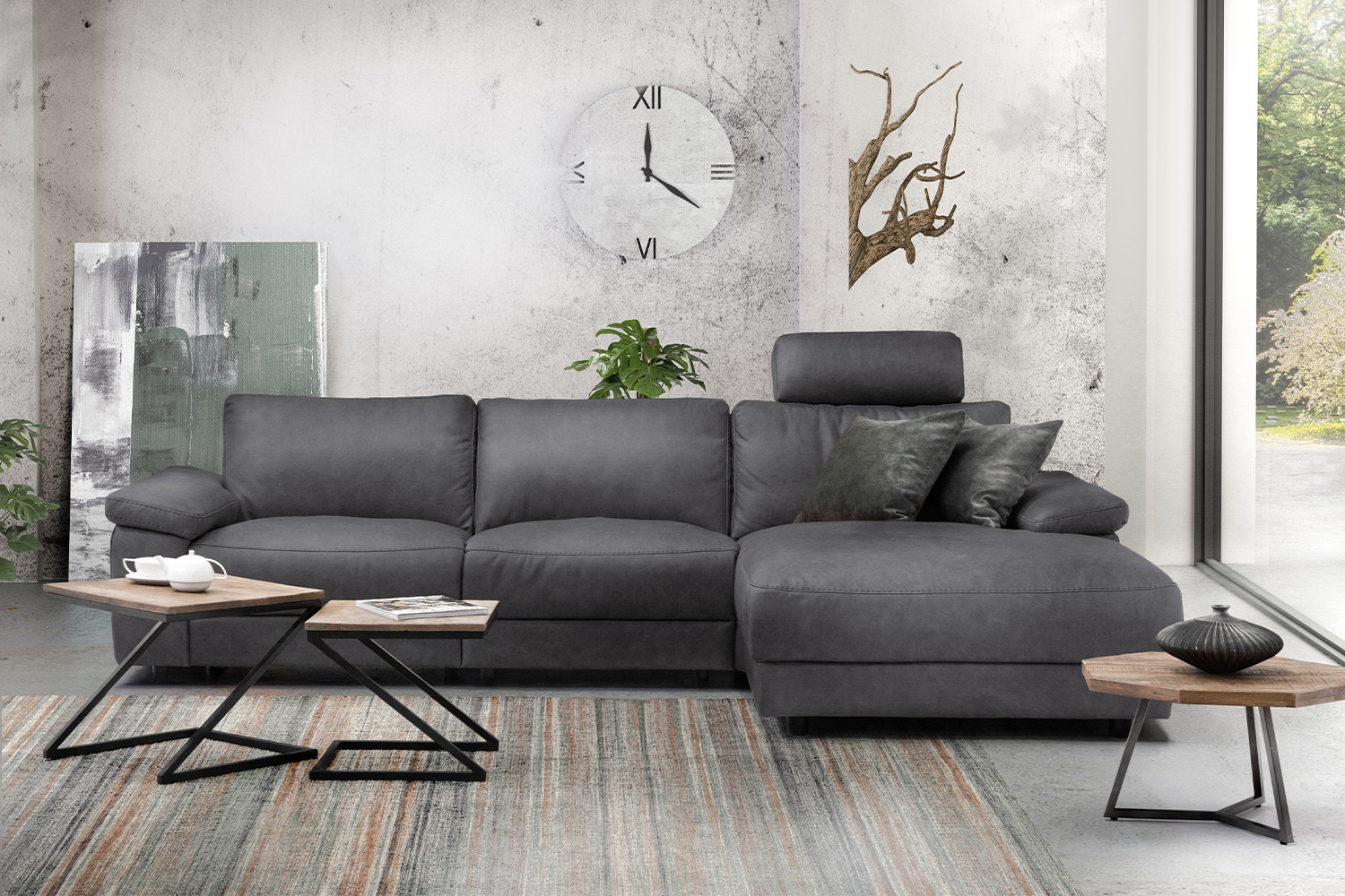 KAWOLA Sofa LOLA Ecksofa XL Stoff grau mit motorischer Relaxfunktion Recamiere rechts