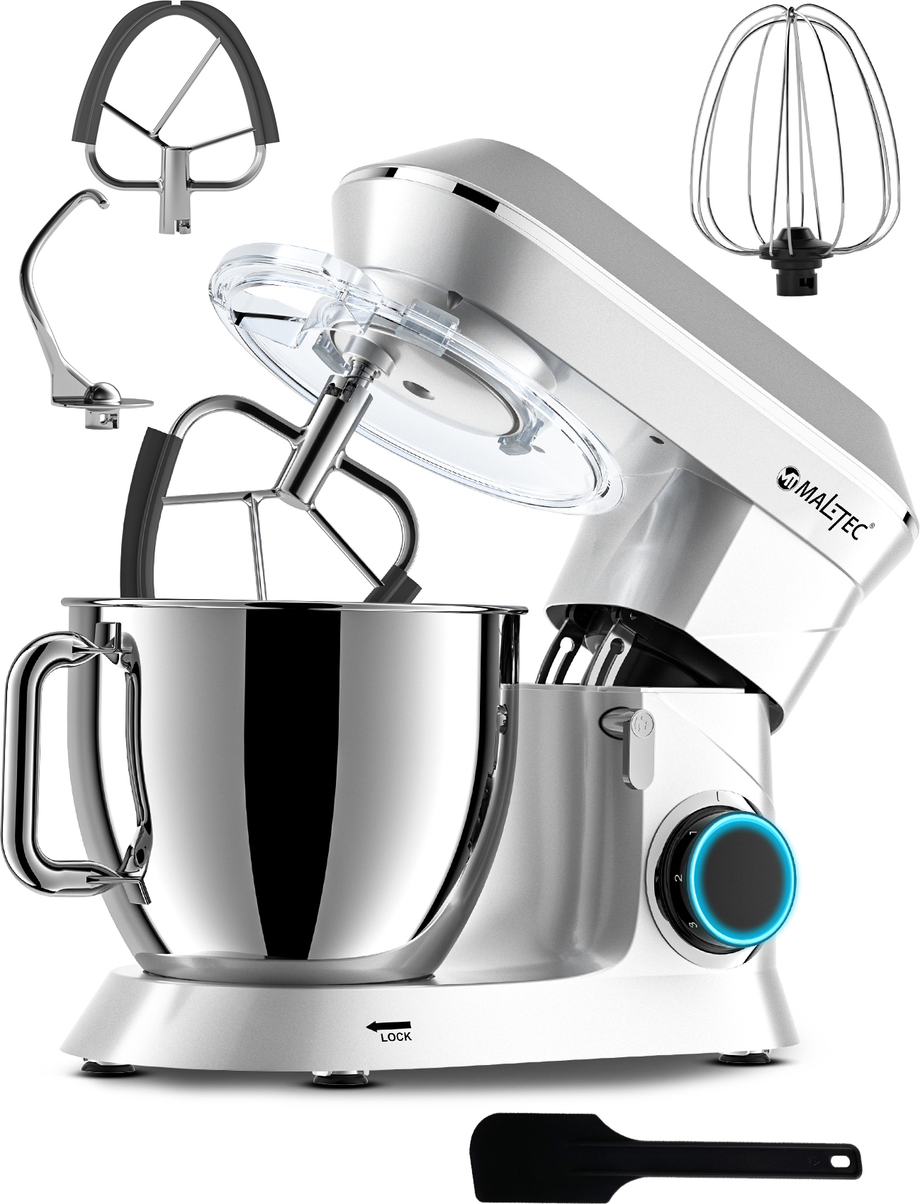 Kuchynský robot z nerezovej ocele miešačka MaltecChef 2200W šľahanie hnetenie spracovanie miešanie strieborná veľká misa 6,5L 6 nastavení rýchlosti