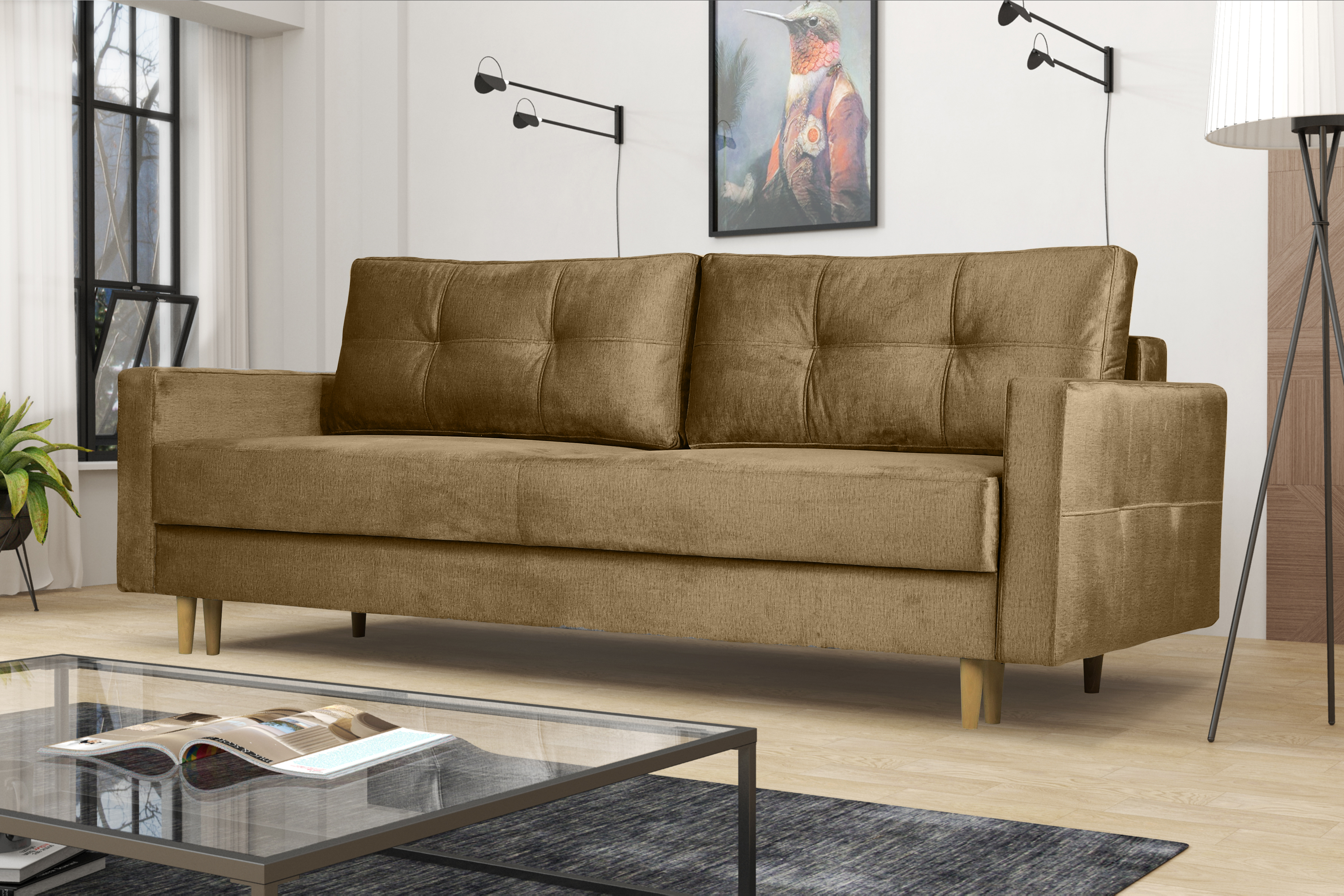 Meblomania Sofa FLORO mit Schlaffunktion, Bettkasten, DL-Entfaltungssystem - Beige 06063