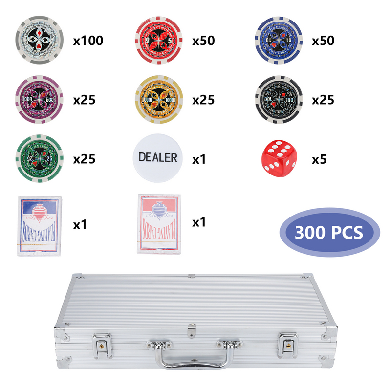 TolleTour Pokerkoffer 300 Chips Laser Pokerchips Poker 11.5 Gramm , 2 Karten, Haendler, 5 Wuerfel, mit Aluminium-Gehaeuse Silber Koffer RL-6521-1-HS