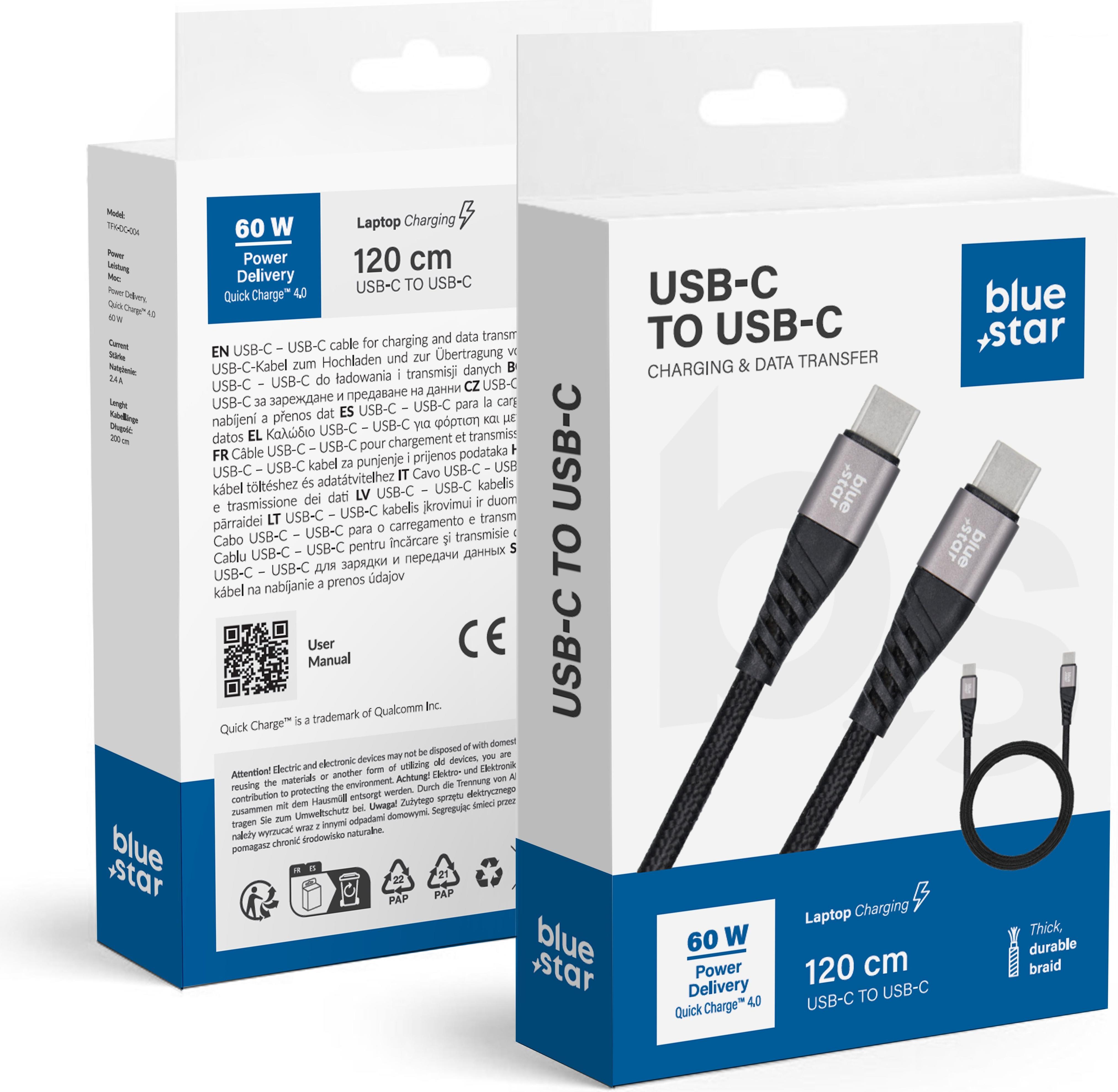 Opletený kábel Blue Star s konektorom USB C na USB C 3A 60W