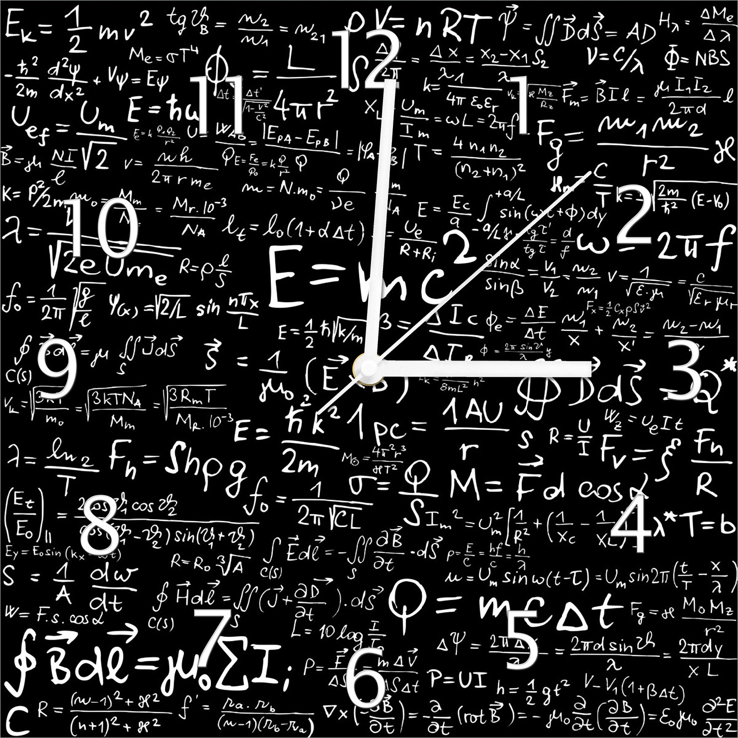 Wallario Design Wanduhr Mathematische Formeln Relativitätstheorie aus Echtglas, Größe 30 x 30 cm guk0343-3030