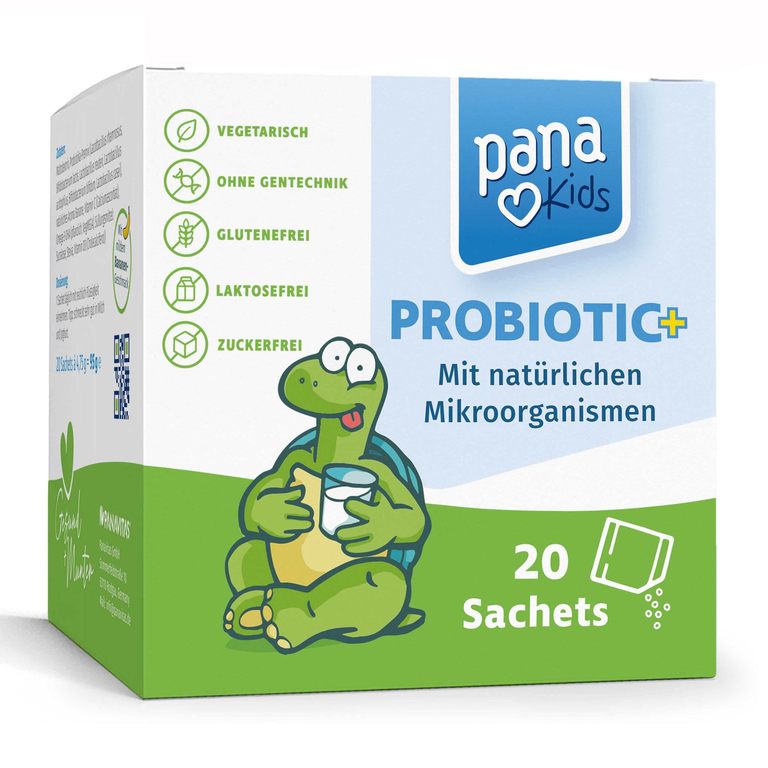 Panavitas PanaKids Probiotic+ für Kinder ab 4 Jahren – mit 6 probiotischen Bakterienstämmen, Vitamin C & D3, Bananengeschmack – zuckerfrei, Germany