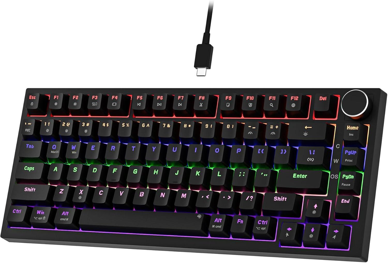 NEWMEN Mechanische Tastatur mit Kabel,Tastatur 75 Prozent,TKL Hot Swap LED Beleuchtung USB C Mechanische Tastaturen mit Knopf,für PC/Win/Mac,QWERTY Layout