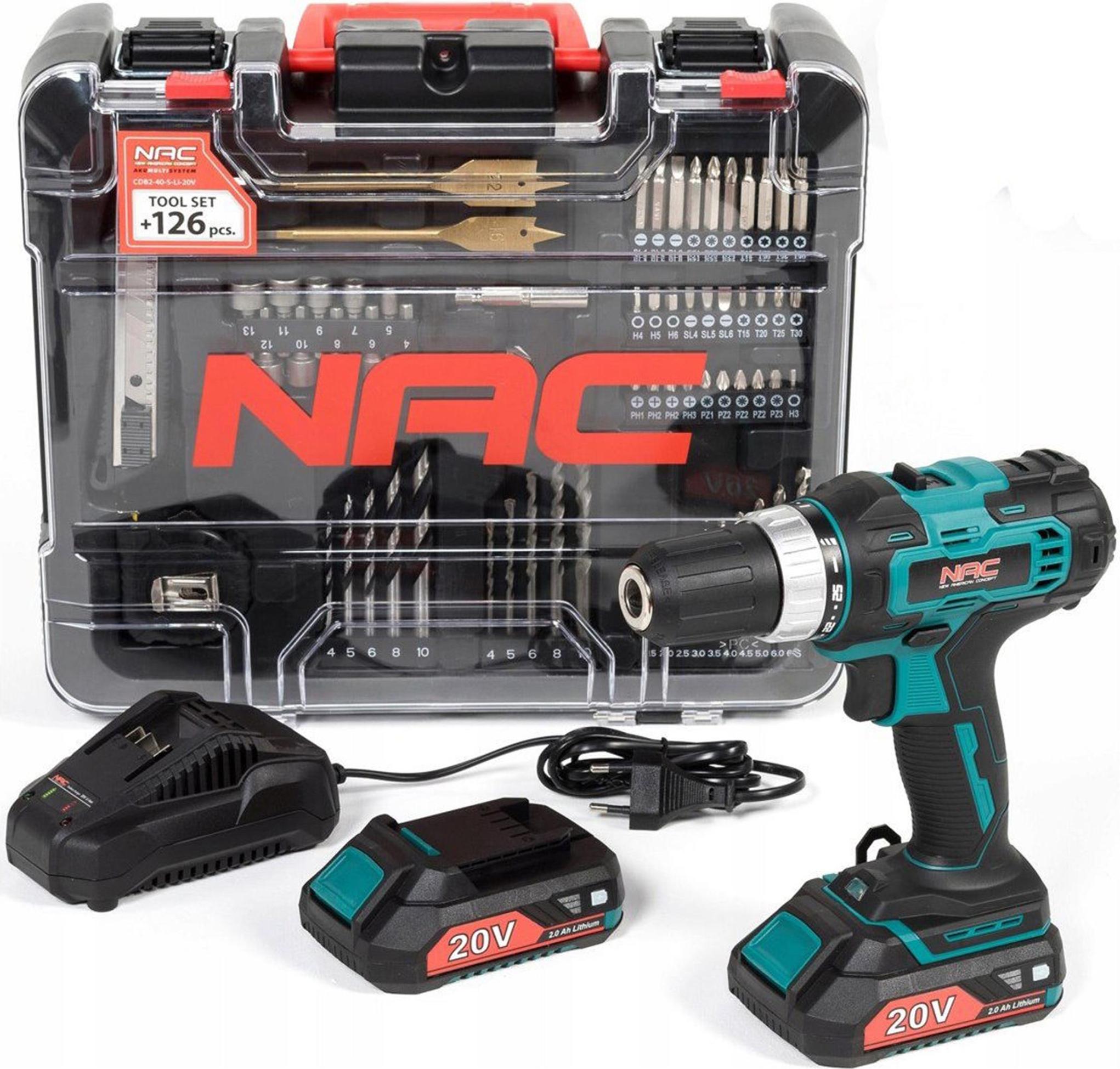 Aku vŕtačka NAC CDB2-40-S-LI-20V 2x2Ah + príslušenstvo 126 dielov