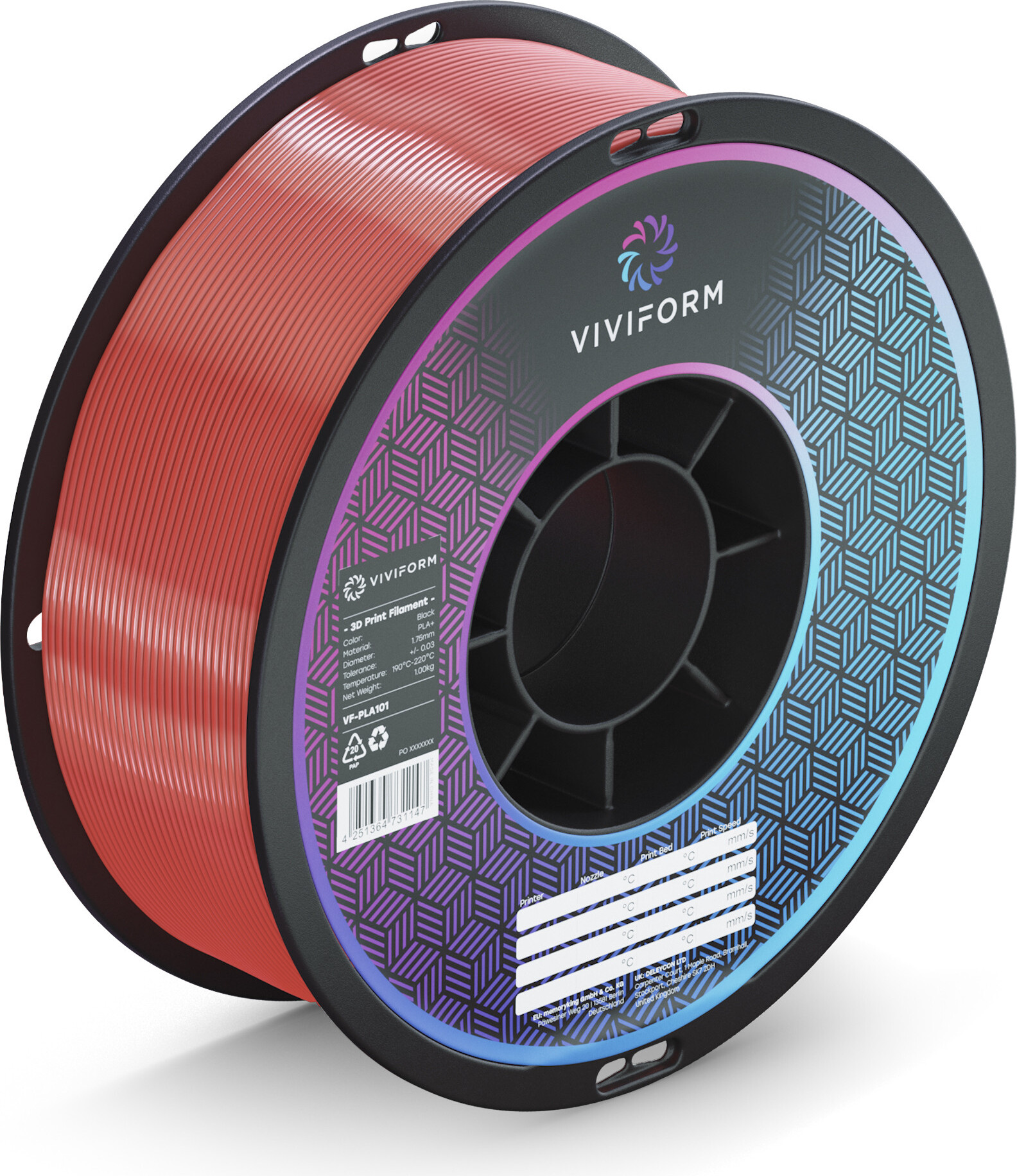 viviform.com Viviform silk PLA Filament für 3D Drucker, 1kg Rolle, Durchmesser 1,75mm +/- 0,03mm, Rot VF-PLA410