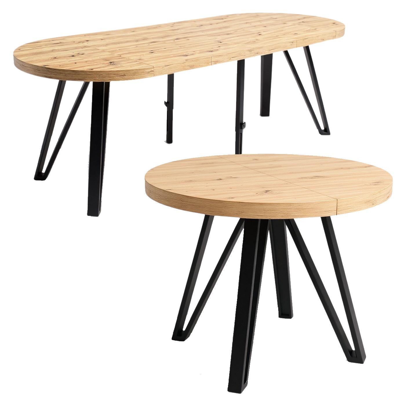 Runder Esstisch ø100 cm, ausziehbar auf 300 cm - Schwarz/Artisan Eiche Industrial-Stil